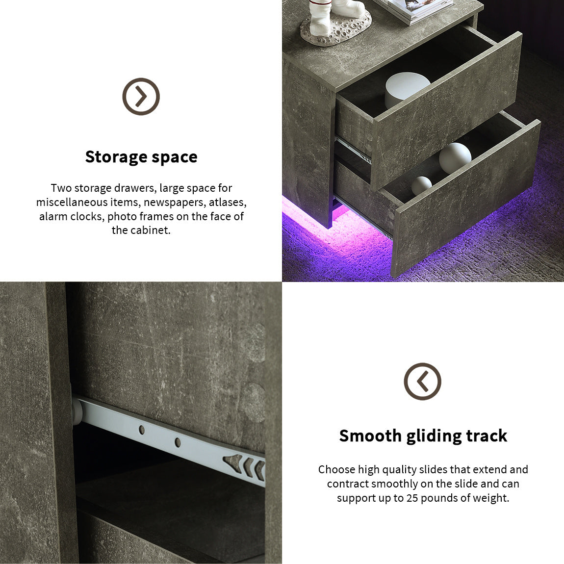Nightstand with LED Strip Lights, Modern Bed Side Table with 2 Drawers, Grey