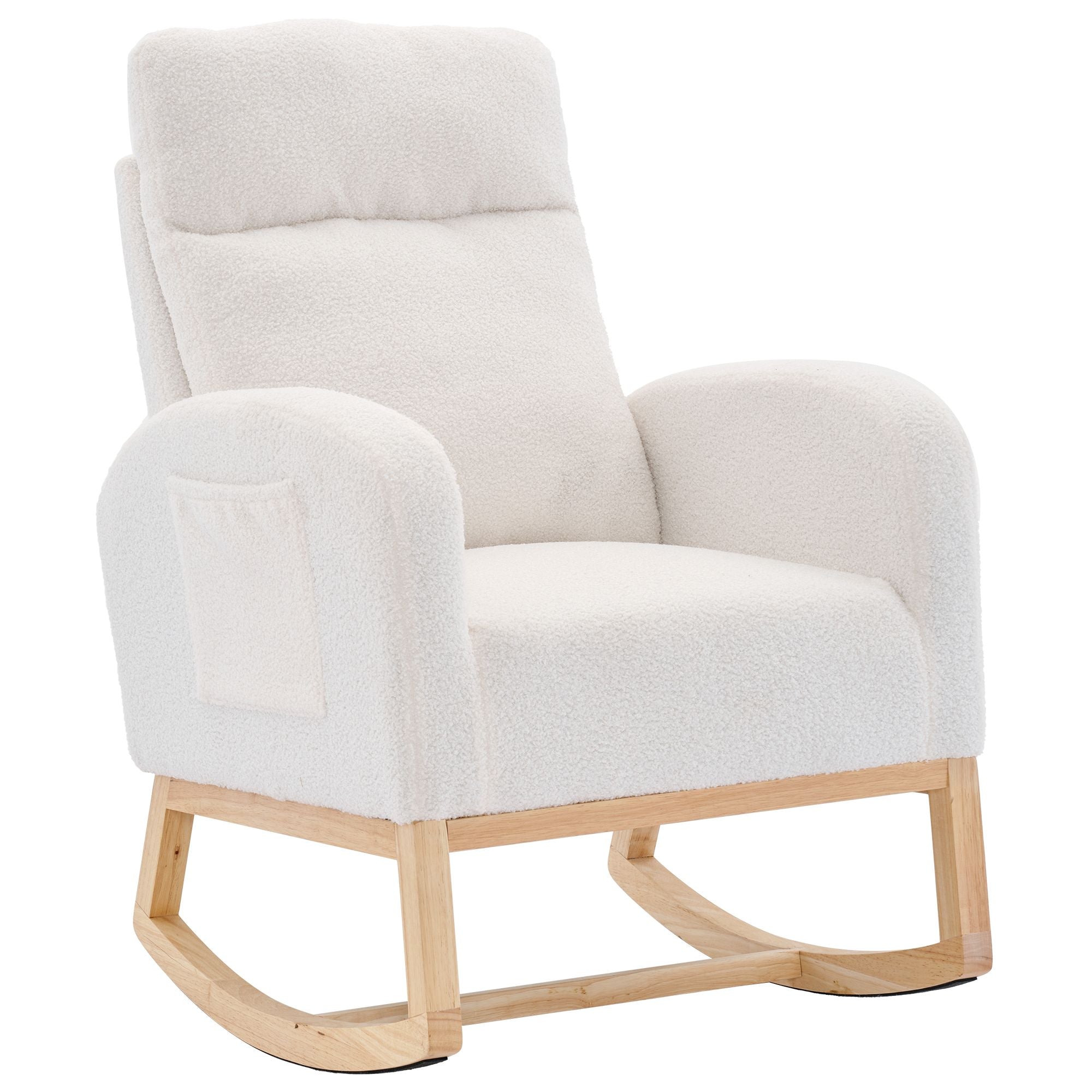 Modern Upholstered Rocking Chair with Solid Wood Legs, High Backrest, Side Pocket, and Comfy Armrests – Nursery Glider and Living Room Accent Chair