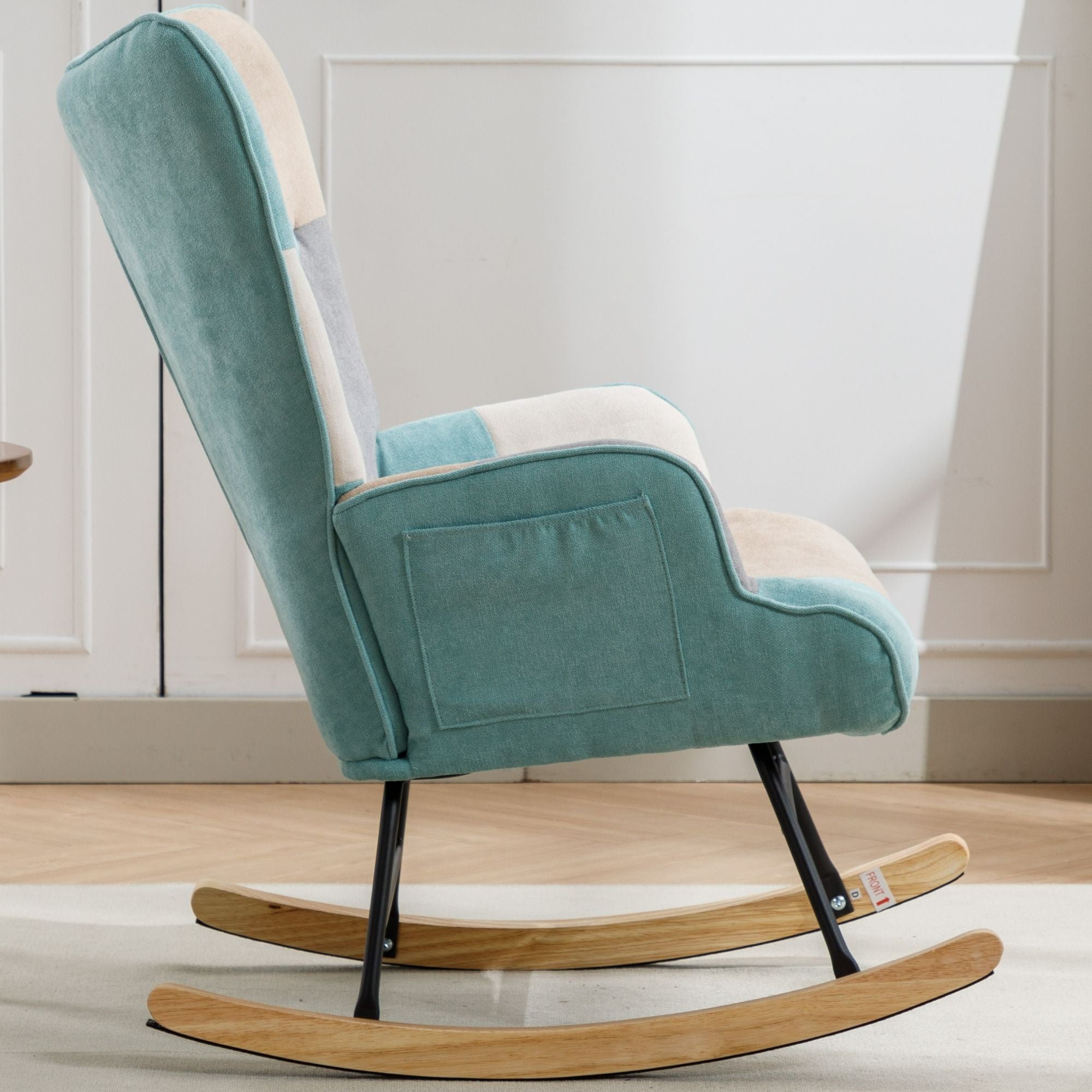 Modern Patchwork Rocking Chair with Solid Wood Armrests and Legs