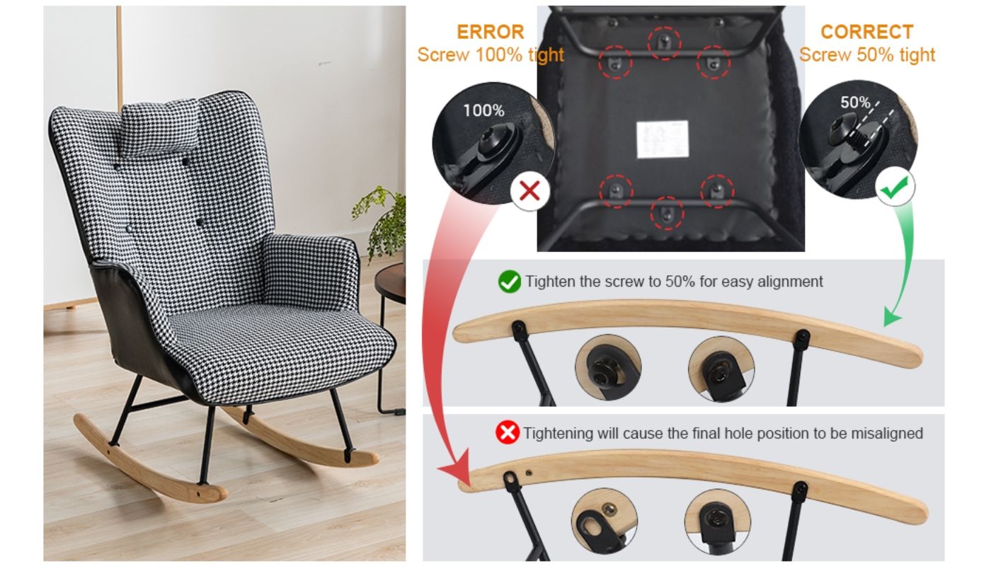 35.5-Inch Rocking Chair, Cozy Reading Chair with Houndstooth and Leather Upholstery, Comfortable Wingback Glider for Nursery, Living Room, Bedroom, or Balcony