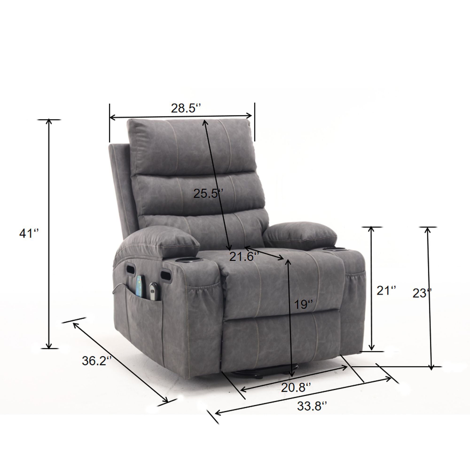 21" Wide Electric Lift Recliner for Elderly, Massage, Heat, Remote, Cup Holders, and Side Pockets