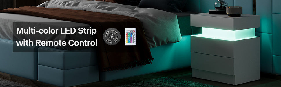 Modern White Nightstand with LED Light 2 Drawers Flipping Top Storage