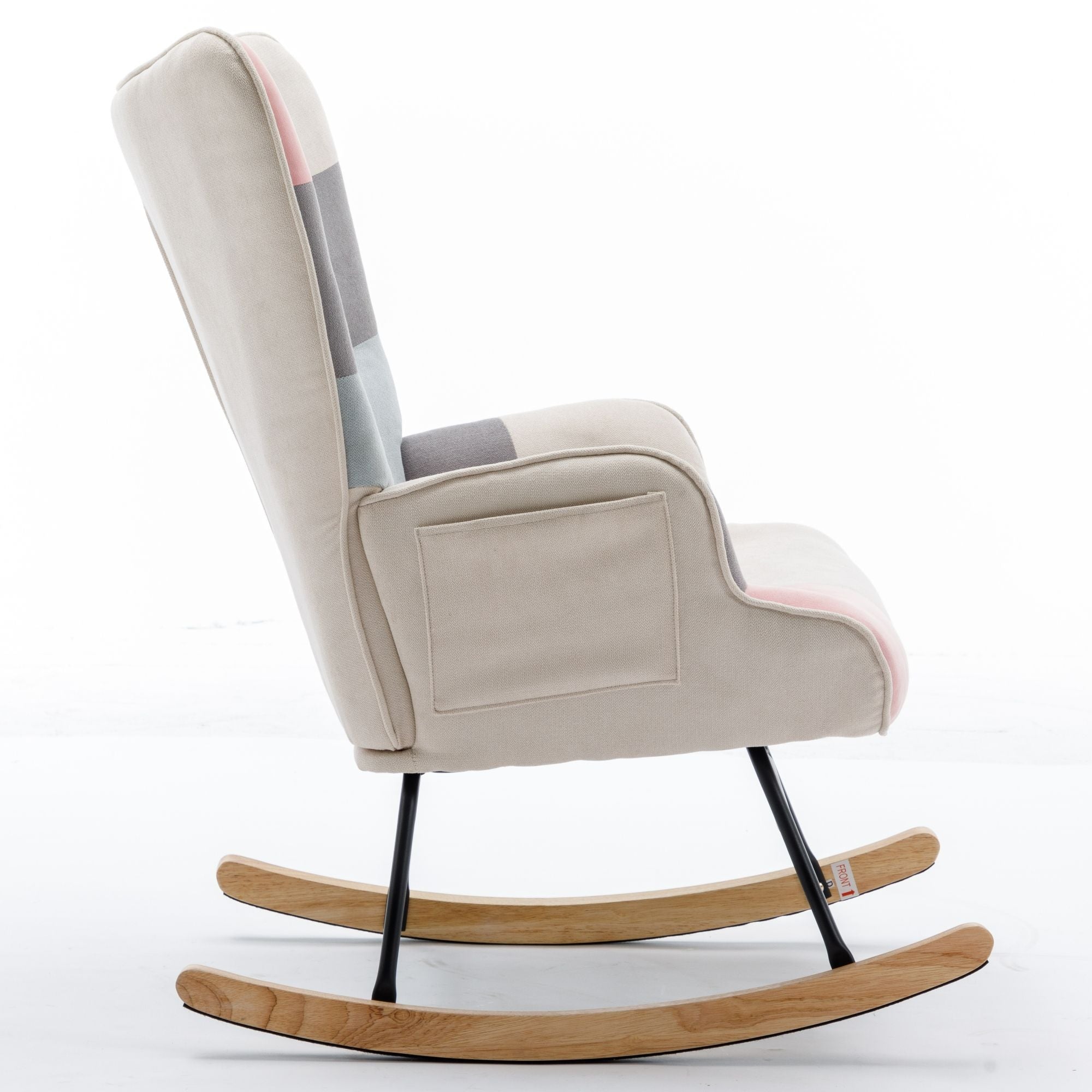 Modern Patchwork Rocking Chair with Solid Wood Armrests and Legs