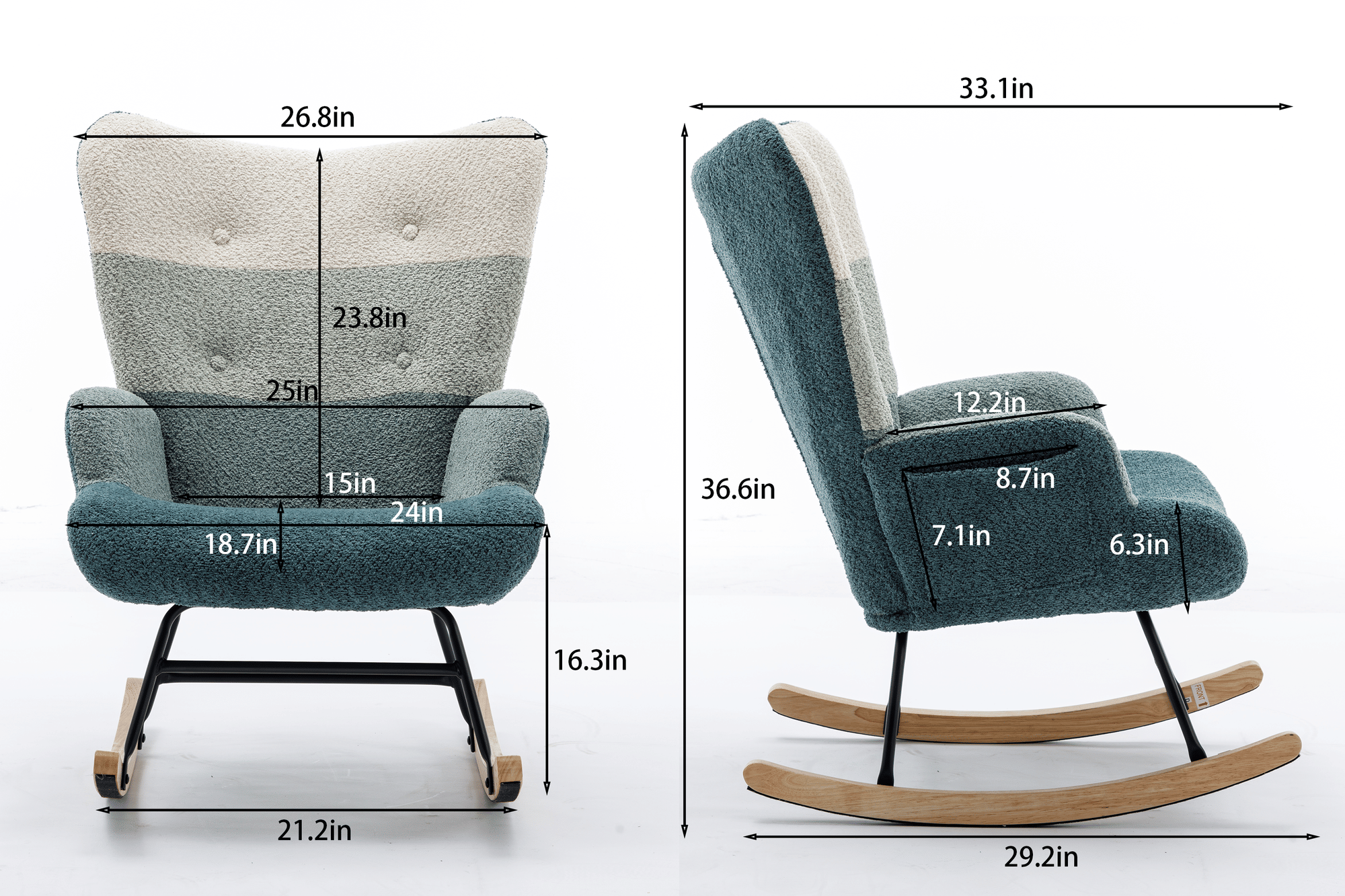 Modern Patchwork Rocking Chair with Solid Wood Armrests and Legs