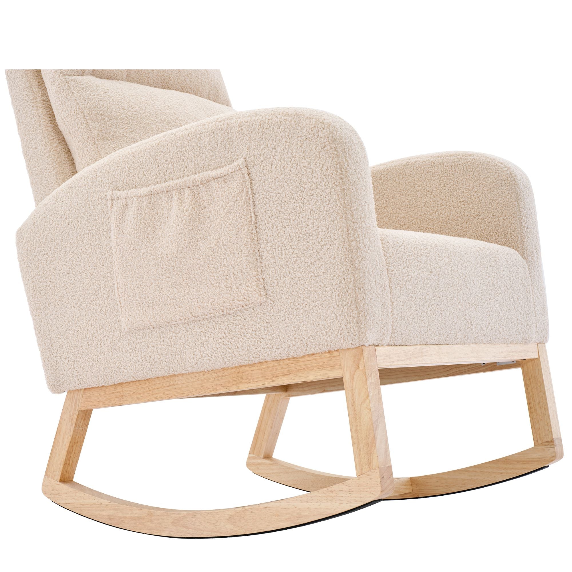 Modern Upholstered Rocking Chair with Solid Wood Legs, High Backrest, Side Pocket, and Comfy Armrests – Nursery Glider and Living Room Accent Chair