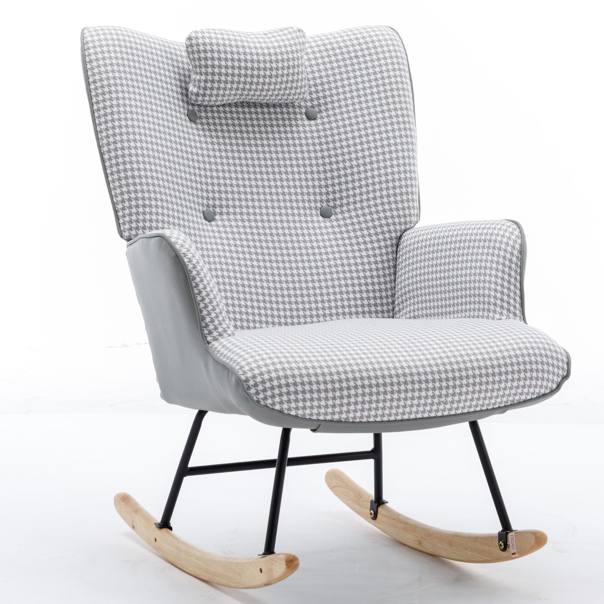 35.5-Inch Rocking Chair, Cozy Reading Chair with Houndstooth and Leather Upholstery, Comfortable Wingback Glider for Nursery, Living Room, Bedroom, or Balcony