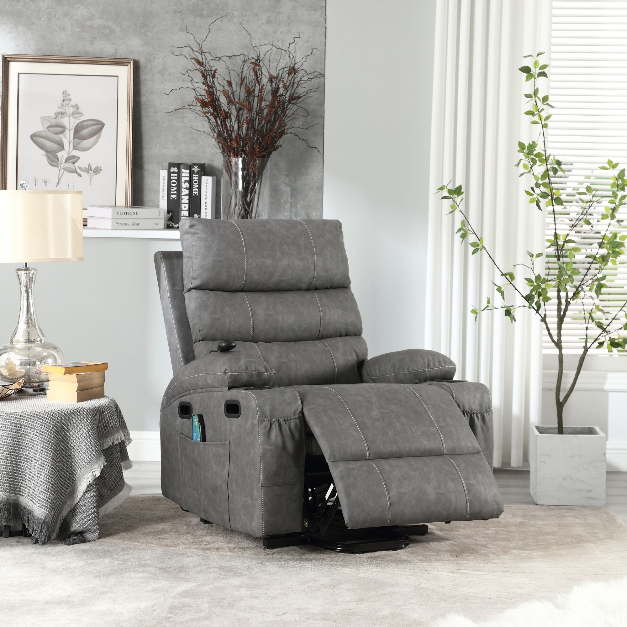 21" Wide Electric Lift Recliner for Elderly, Massage, Heat, Remote, Cup Holders, and Side Pockets
