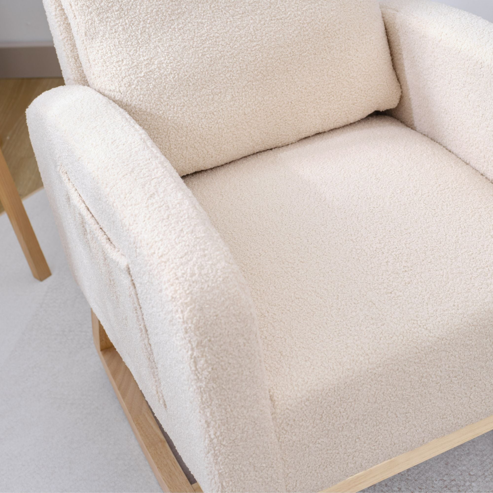 Modern Upholstered Rocking Chair with Solid Wood Legs, High Backrest, Side Pocket, and Comfy Armrests – Nursery Glider and Living Room Accent Chair