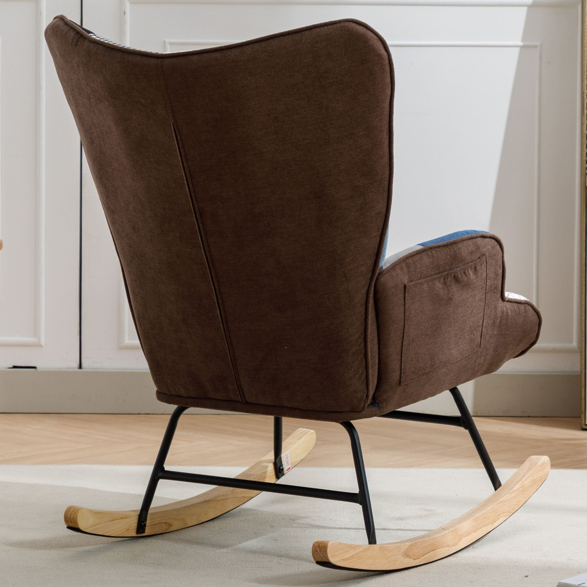 Modern Patchwork Rocking Chair with Solid Wood Armrests and Legs