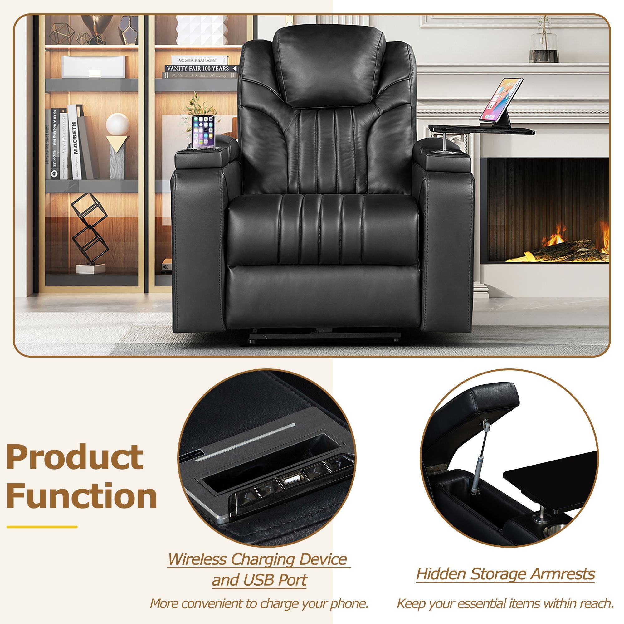 PU Leather Power Recliner with Adjustable Headrest, Wireless Charging, USB, Storage, Cup Holder & Tray