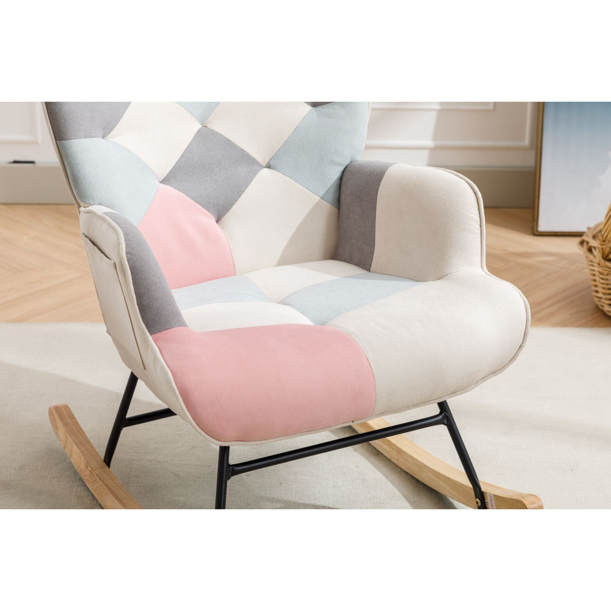 Modern Patchwork Rocking Chair with Solid Wood Armrests and Legs