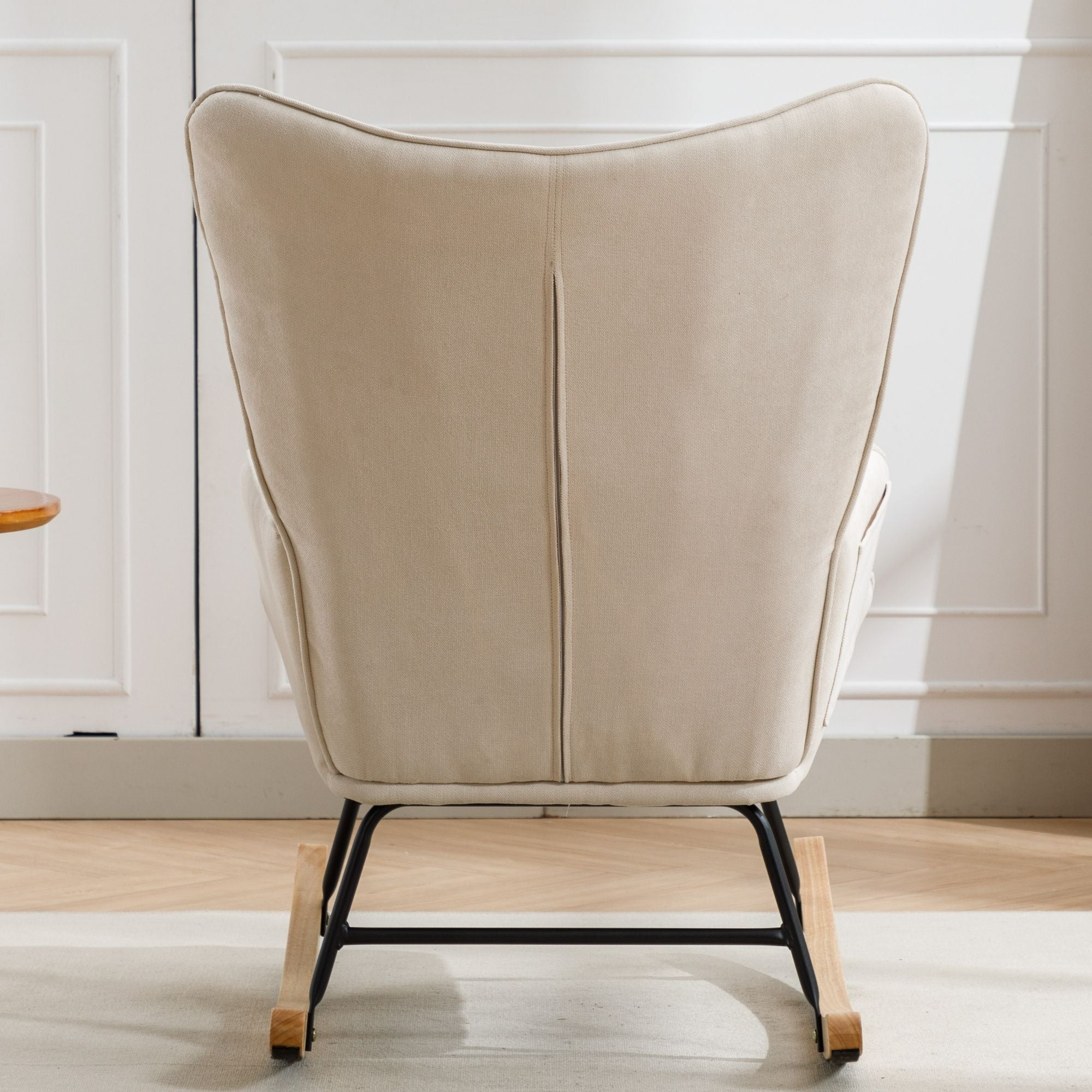 Modern Patchwork Rocking Chair with Solid Wood Armrests and Legs