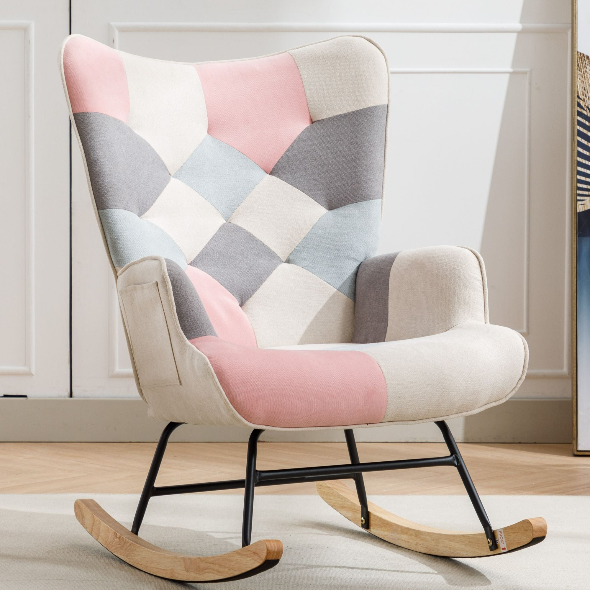 Modern Patchwork Rocking Chair with Solid Wood Armrests and Legs