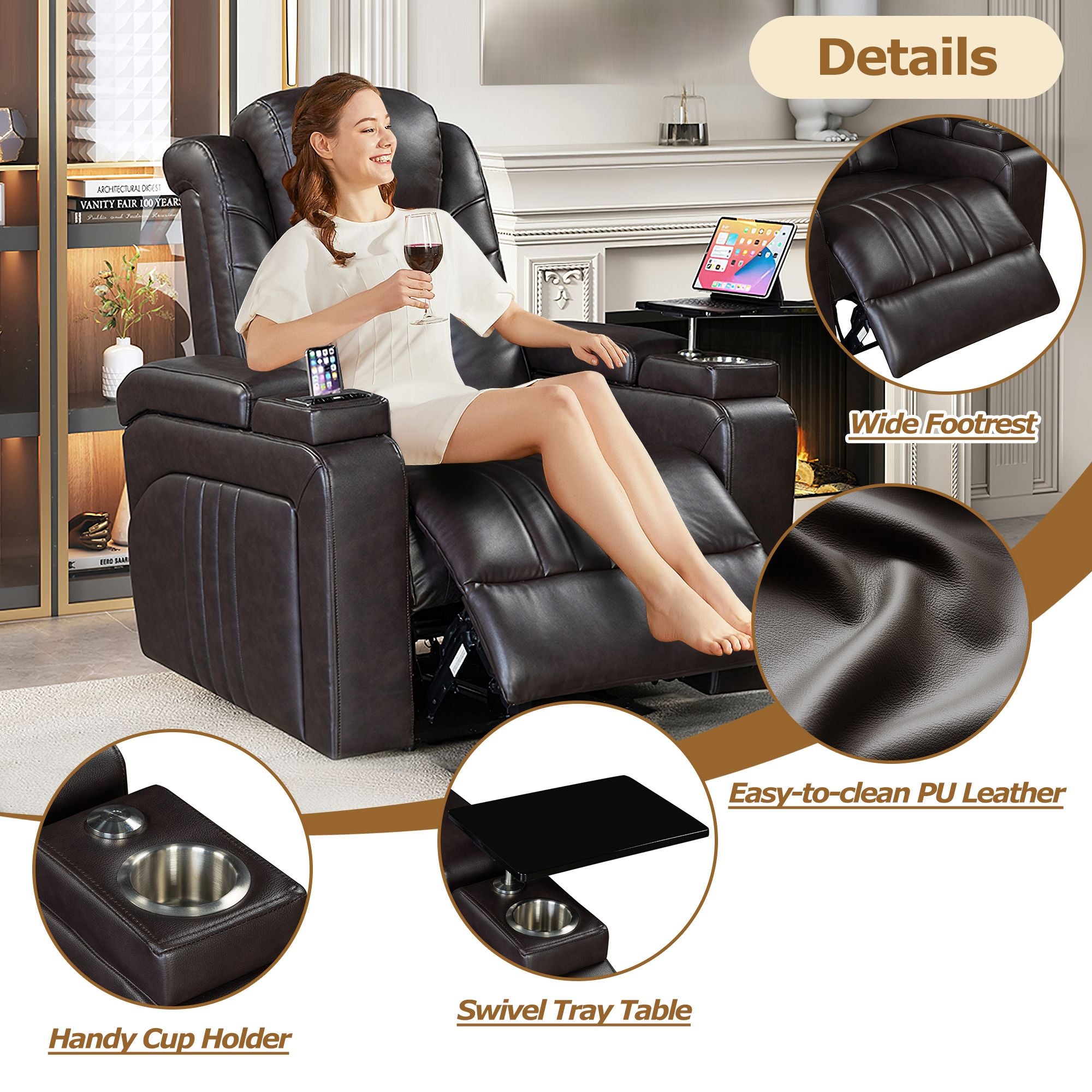 PU Leather Power Recliner with Adjustable Headrest, Wireless Charging, USB, Storage, Cup Holder & Tray