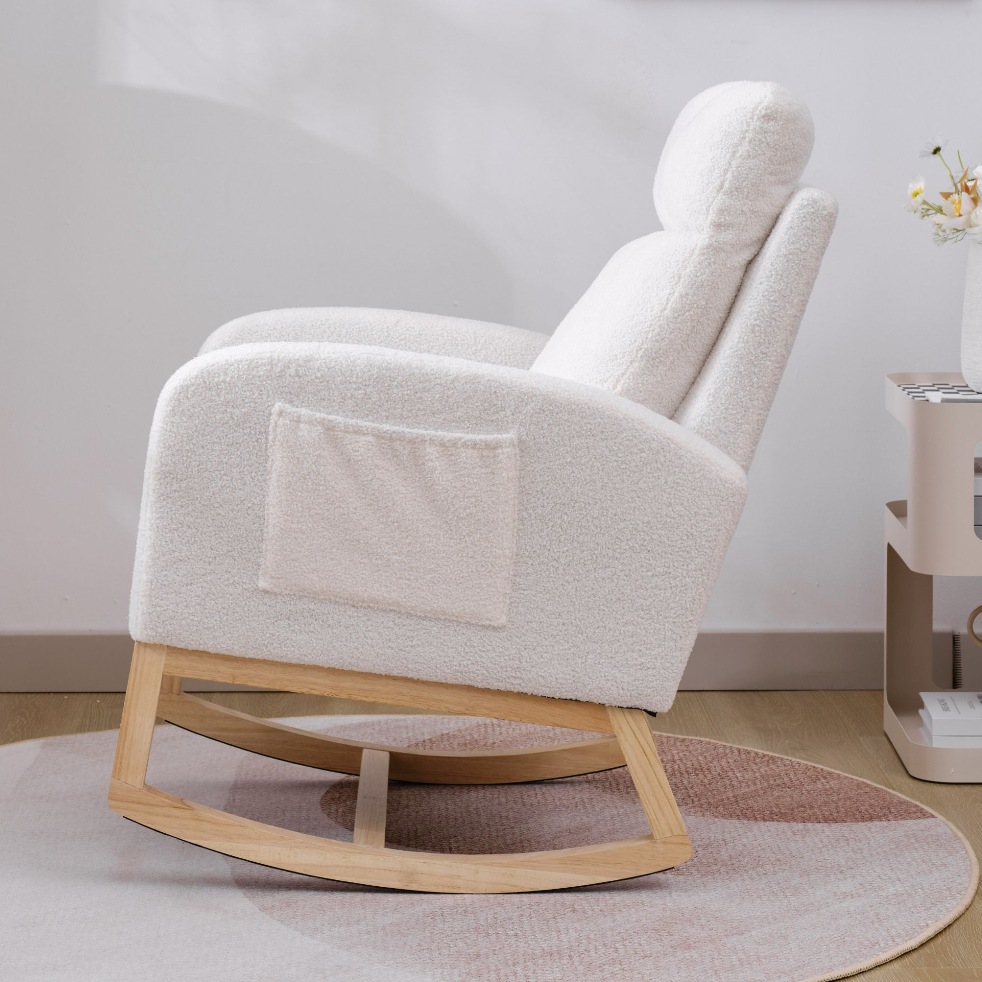Modern Upholstered Rocking Chair with Solid Wood Legs, High Backrest, Side Pocket, and Comfy Armrests – Nursery Glider and Living Room Accent Chair