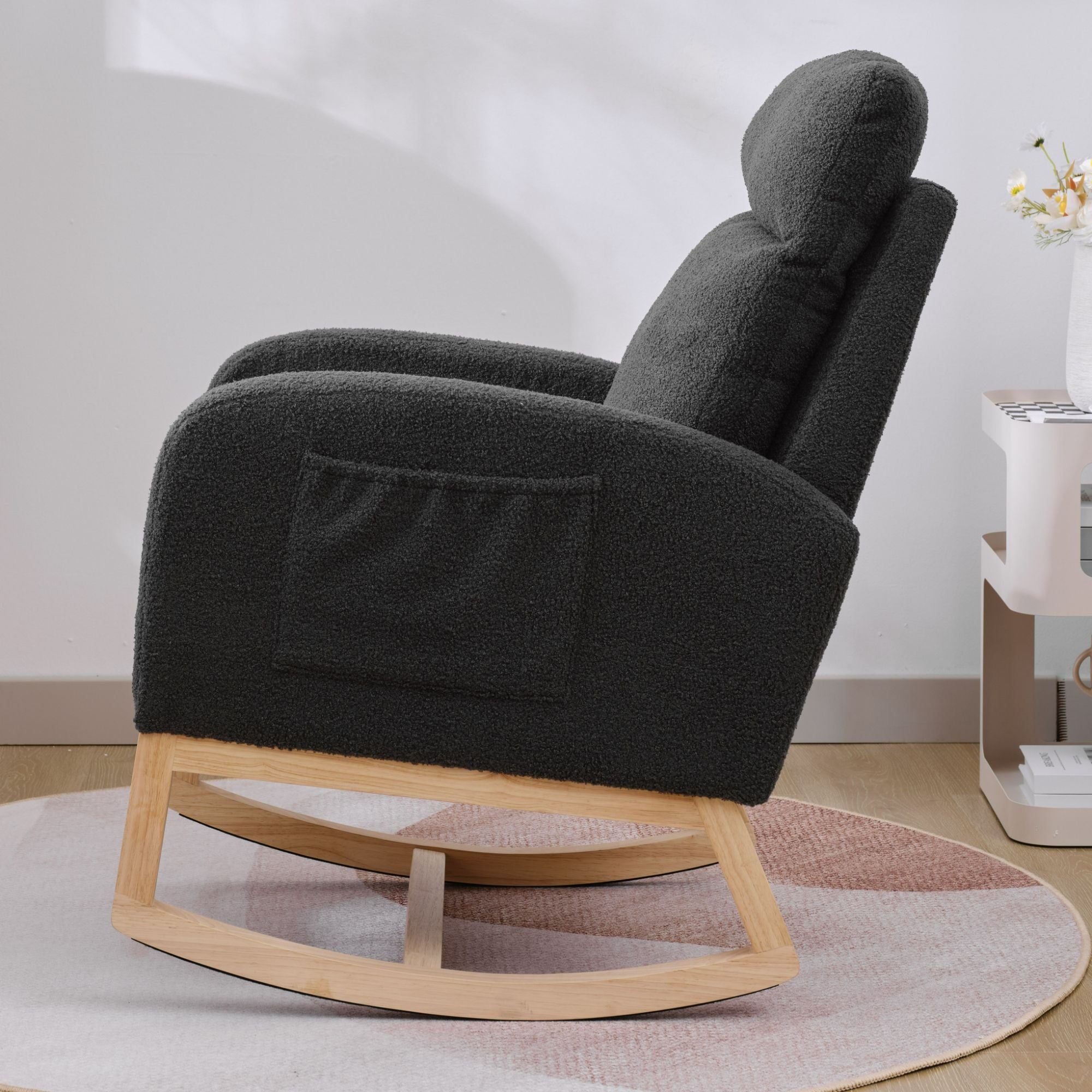 Modern Upholstered Rocking Chair with Solid Wood Legs, High Backrest, Side Pocket, and Comfy Armrests – Nursery Glider and Living Room Accent Chair