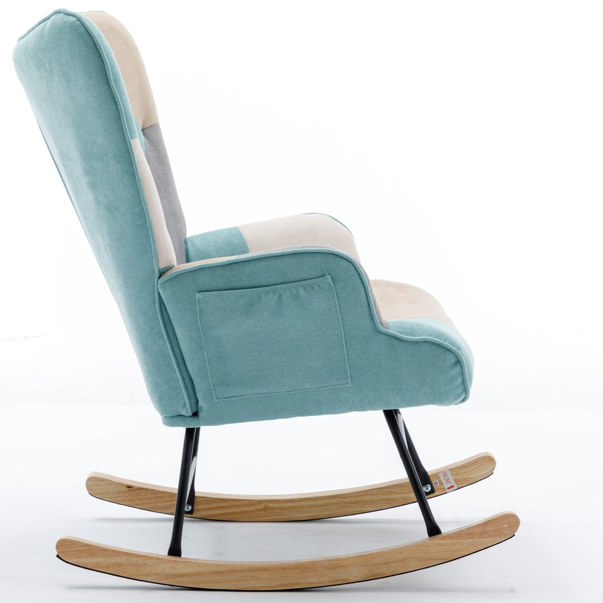 Modern Patchwork Rocking Chair with Solid Wood Armrests and Legs