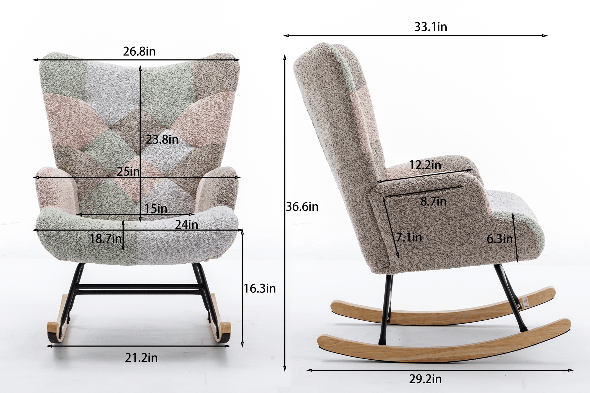 Modern Patchwork Rocking Chair with Solid Wood Armrests and Legs