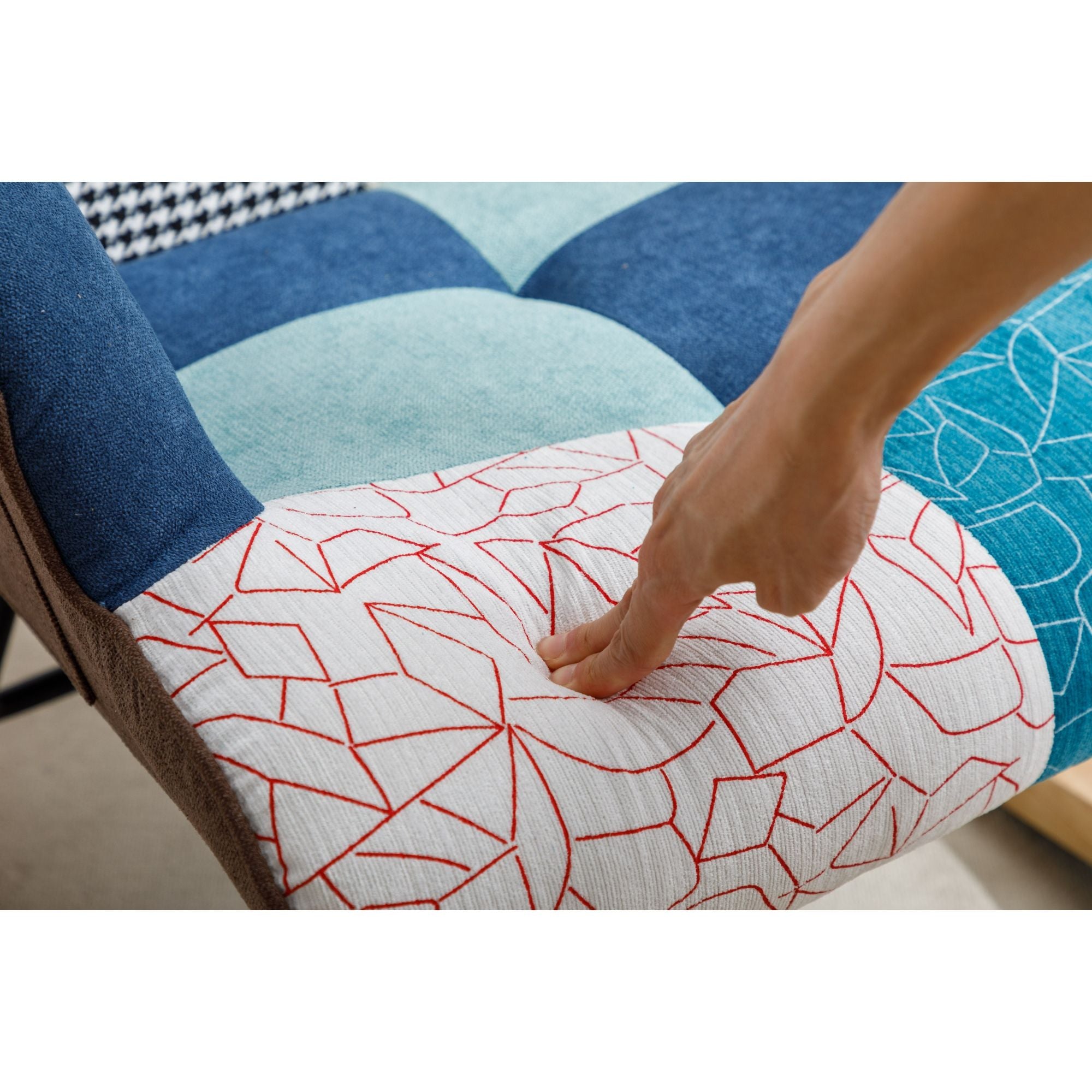 Modern Patchwork Rocking Chair with Solid Wood Armrests and Legs