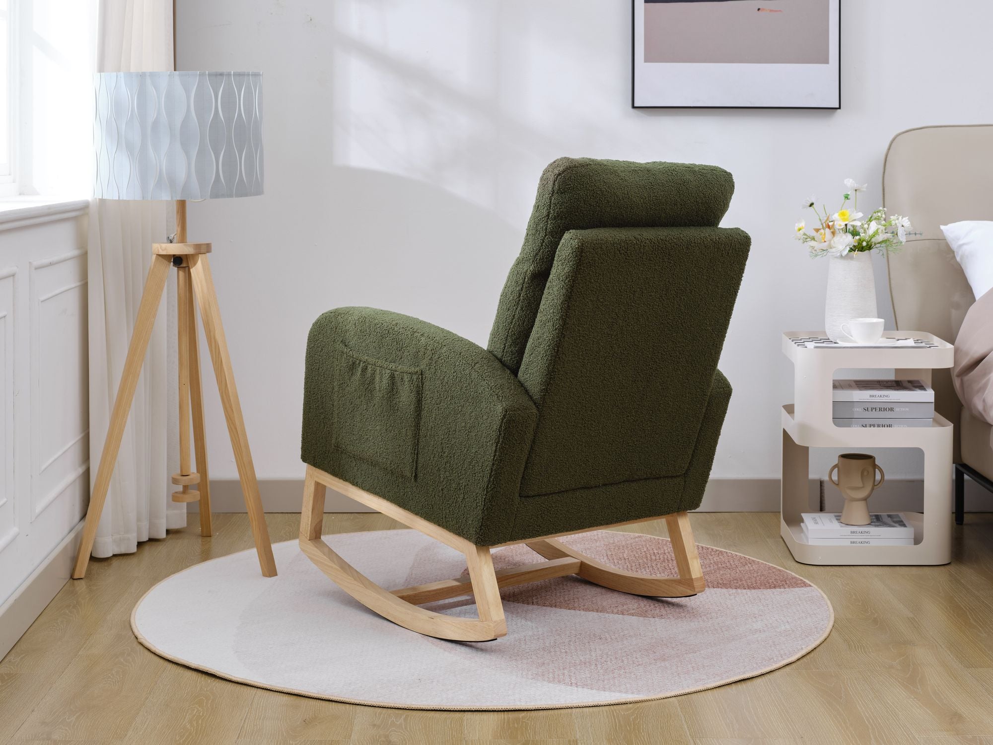 Modern Upholstered Rocking Chair with Solid Wood Legs, High Backrest, Side Pocket, and Comfy Armrests – Nursery Glider and Living Room Accent Chair