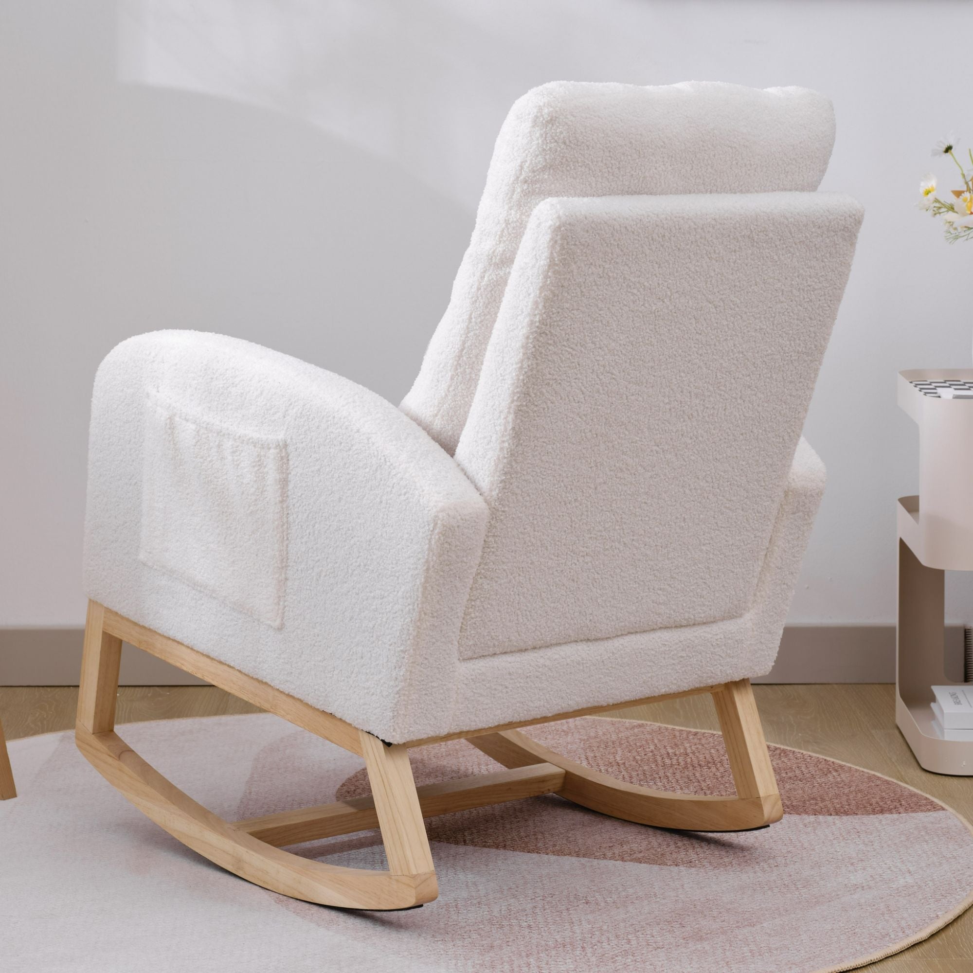 Modern Upholstered Rocking Chair with Solid Wood Legs, High Backrest, Side Pocket, and Comfy Armrests – Nursery Glider and Living Room Accent Chair