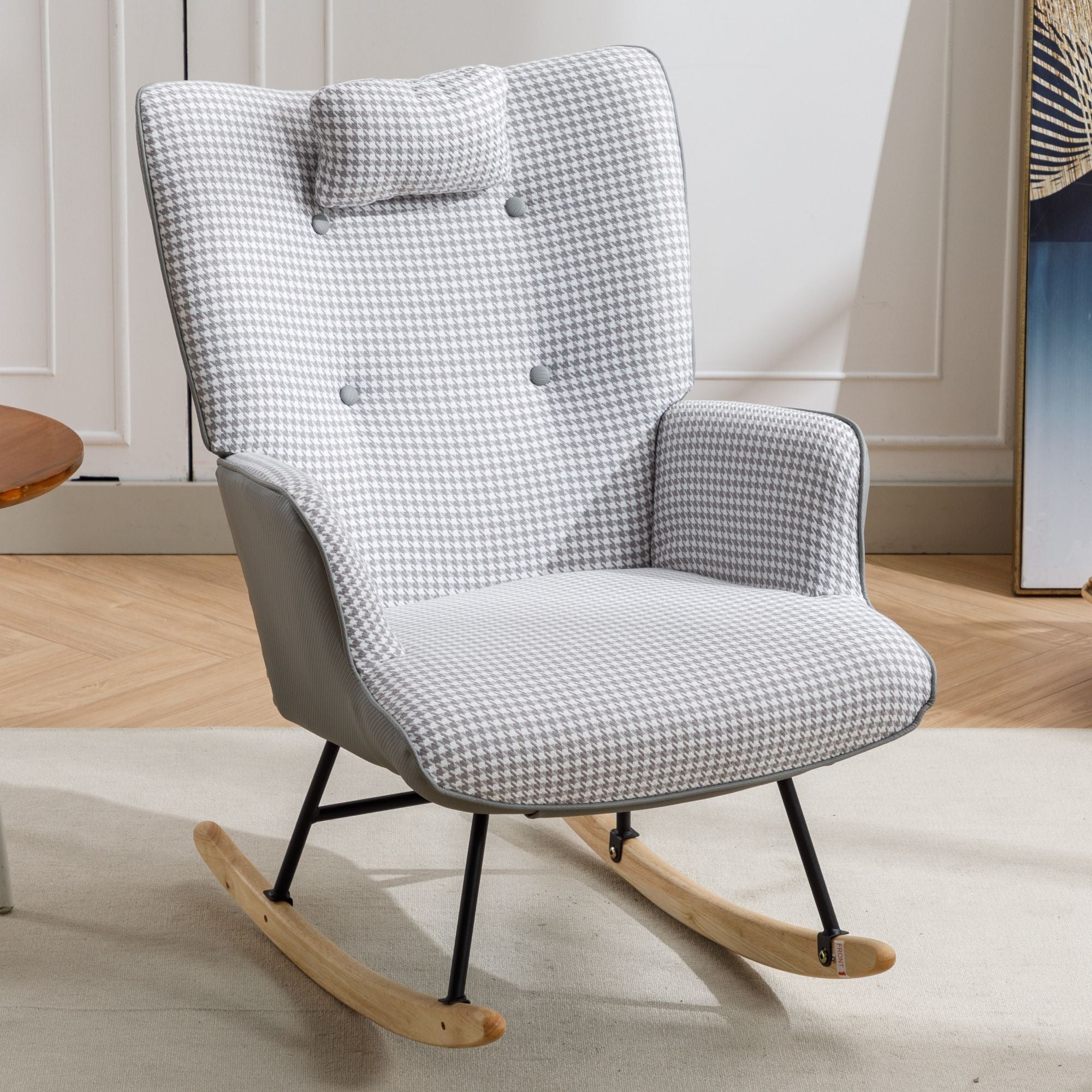 35.5-Inch Rocking Chair, Cozy Reading Chair with Houndstooth and Leather Upholstery, Comfortable Wingback Glider for Nursery, Living Room, Bedroom, or Balcony