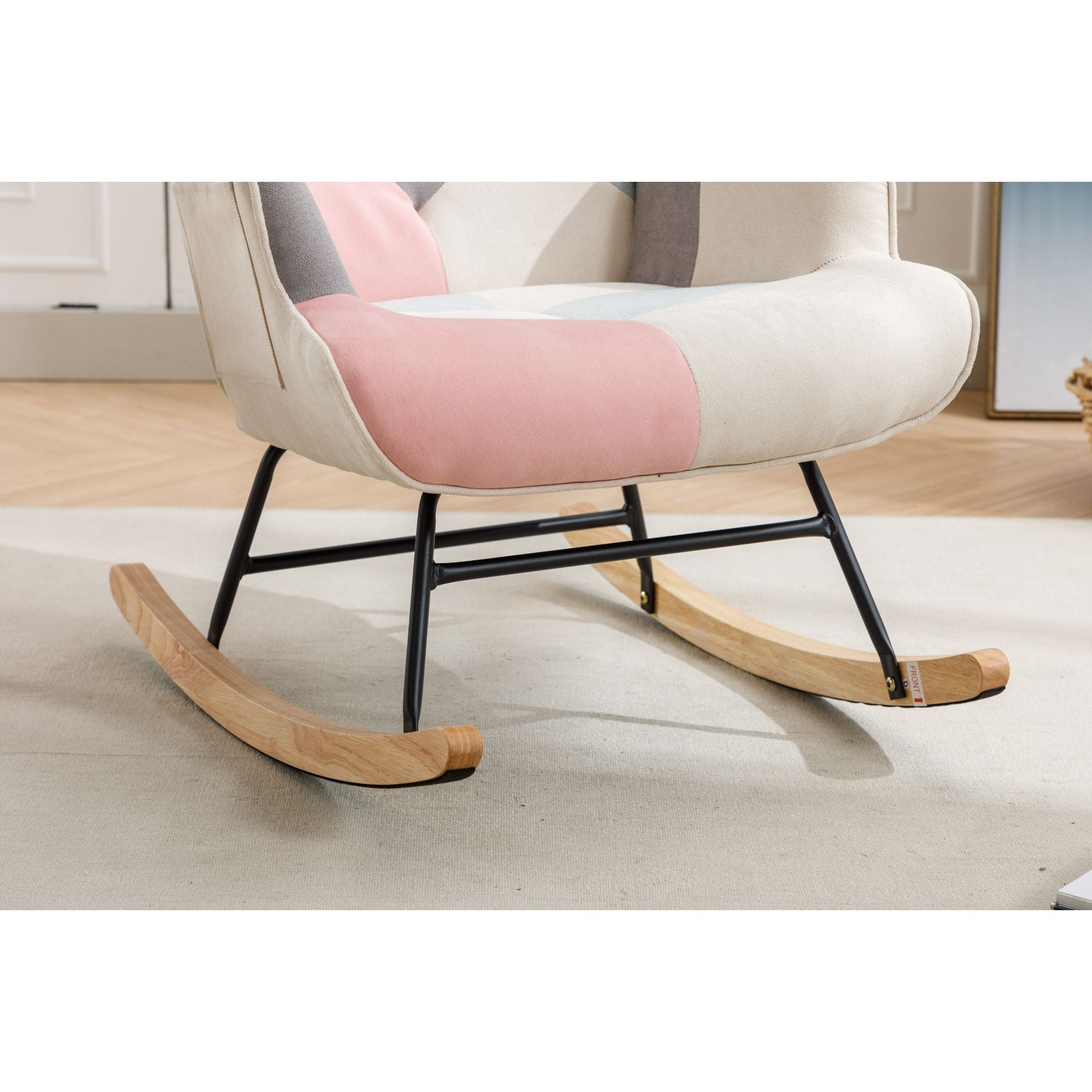 Modern Patchwork Rocking Chair with Solid Wood Armrests and Legs