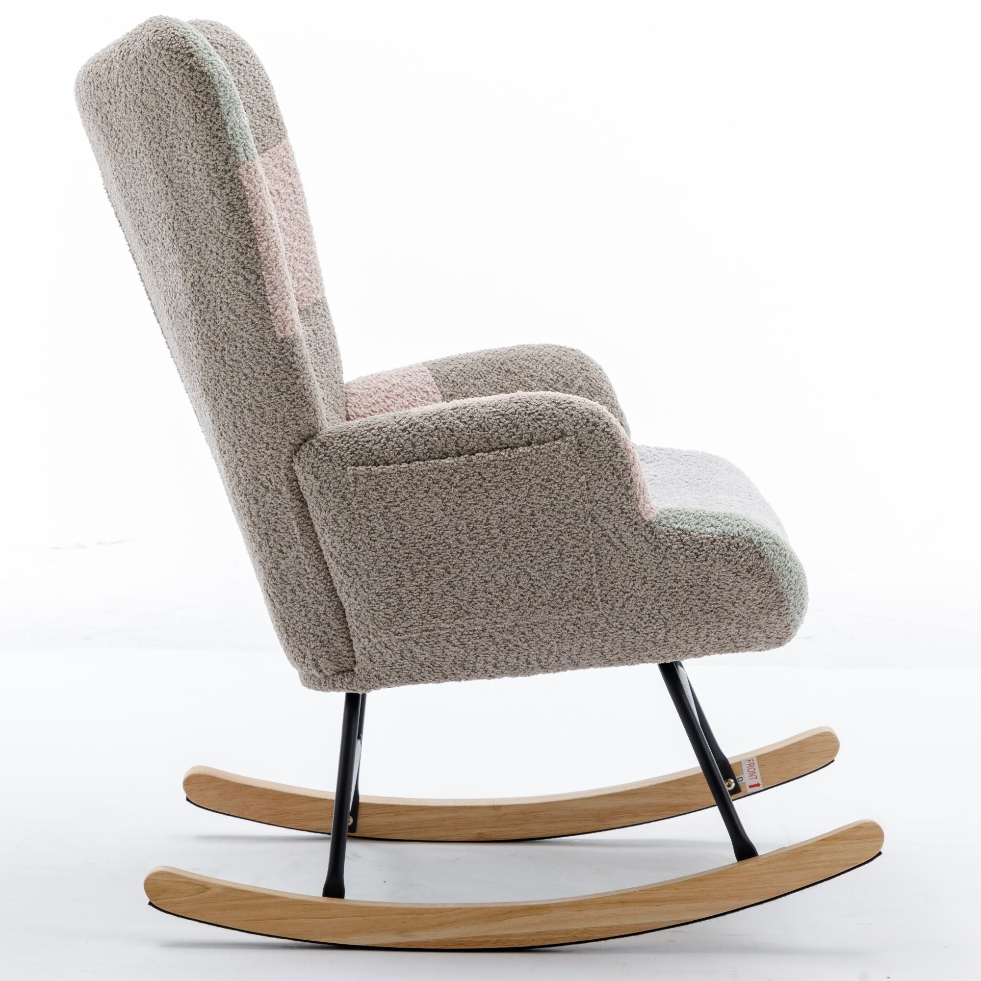 Modern Patchwork Rocking Chair with Solid Wood Armrests and Legs