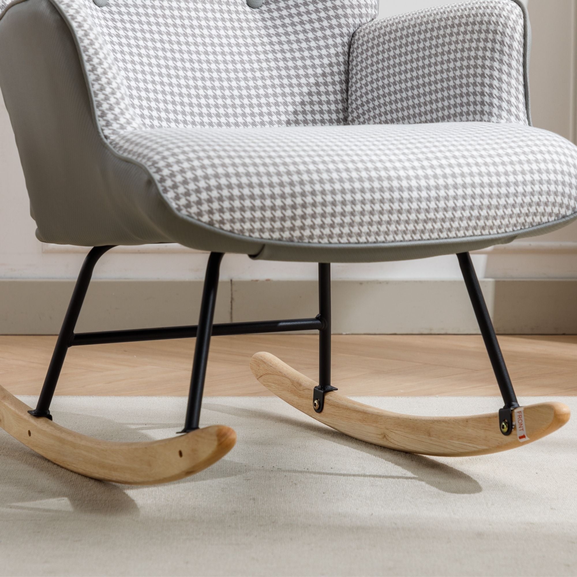 35.5-Inch Rocking Chair, Cozy Reading Chair with Houndstooth and Leather Upholstery, Comfortable Wingback Glider for Nursery, Living Room, Bedroom, or Balcony