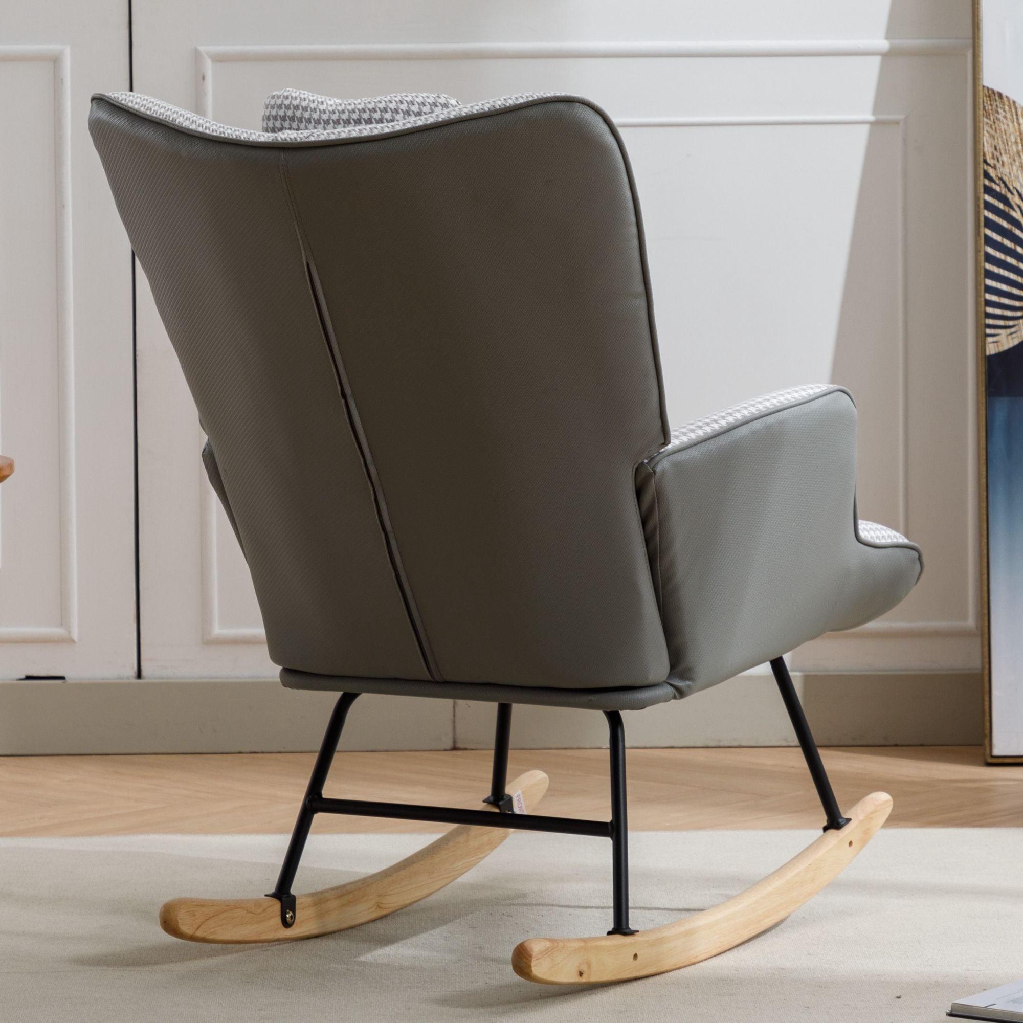 35.5-Inch Rocking Chair, Cozy Reading Chair with Houndstooth and Leather Upholstery, Comfortable Wingback Glider for Nursery, Living Room, Bedroom, or Balcony