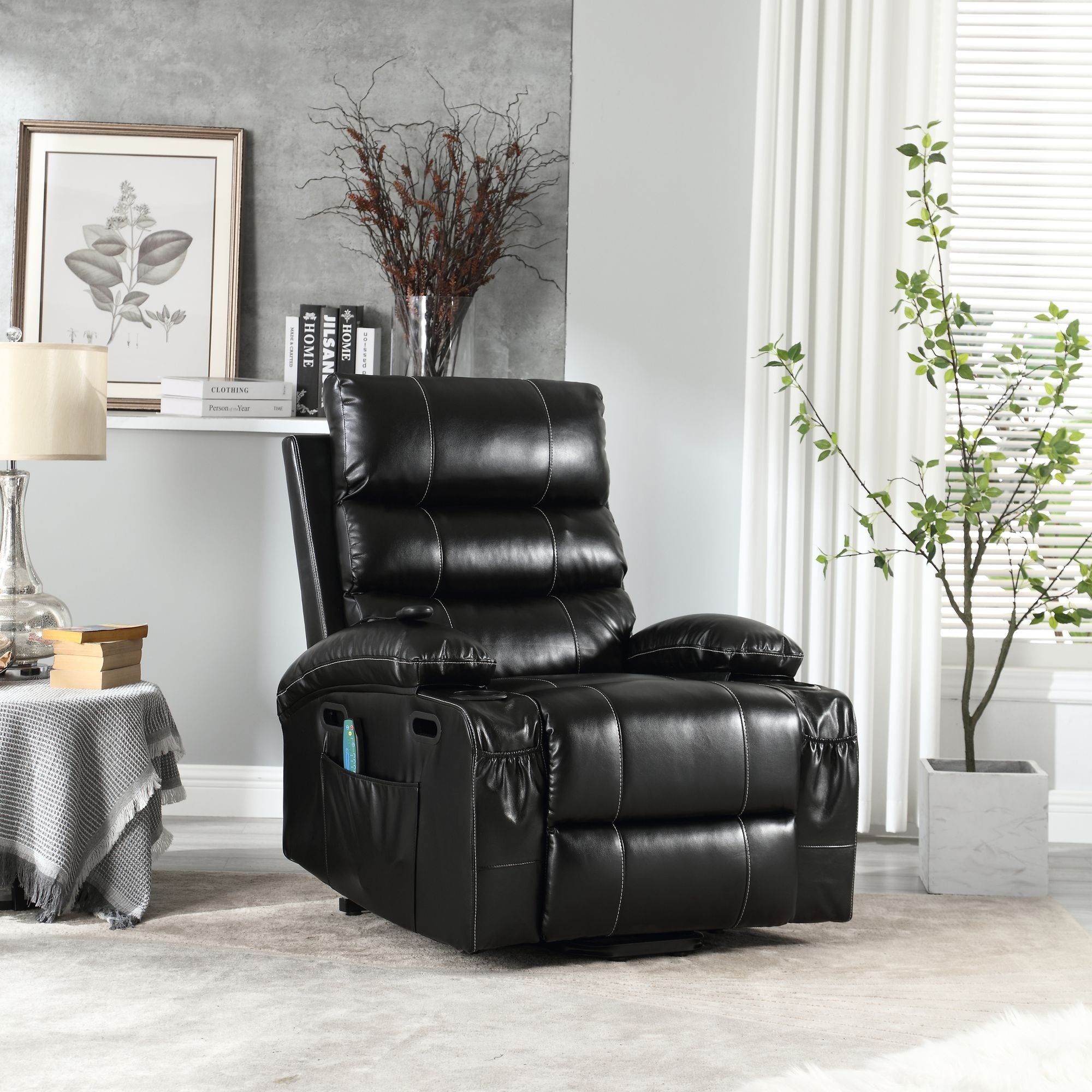 21" Wide Electric Lift Recliner for Elderly, Massage, Heat, Remote, Cup Holders, and Side Pockets