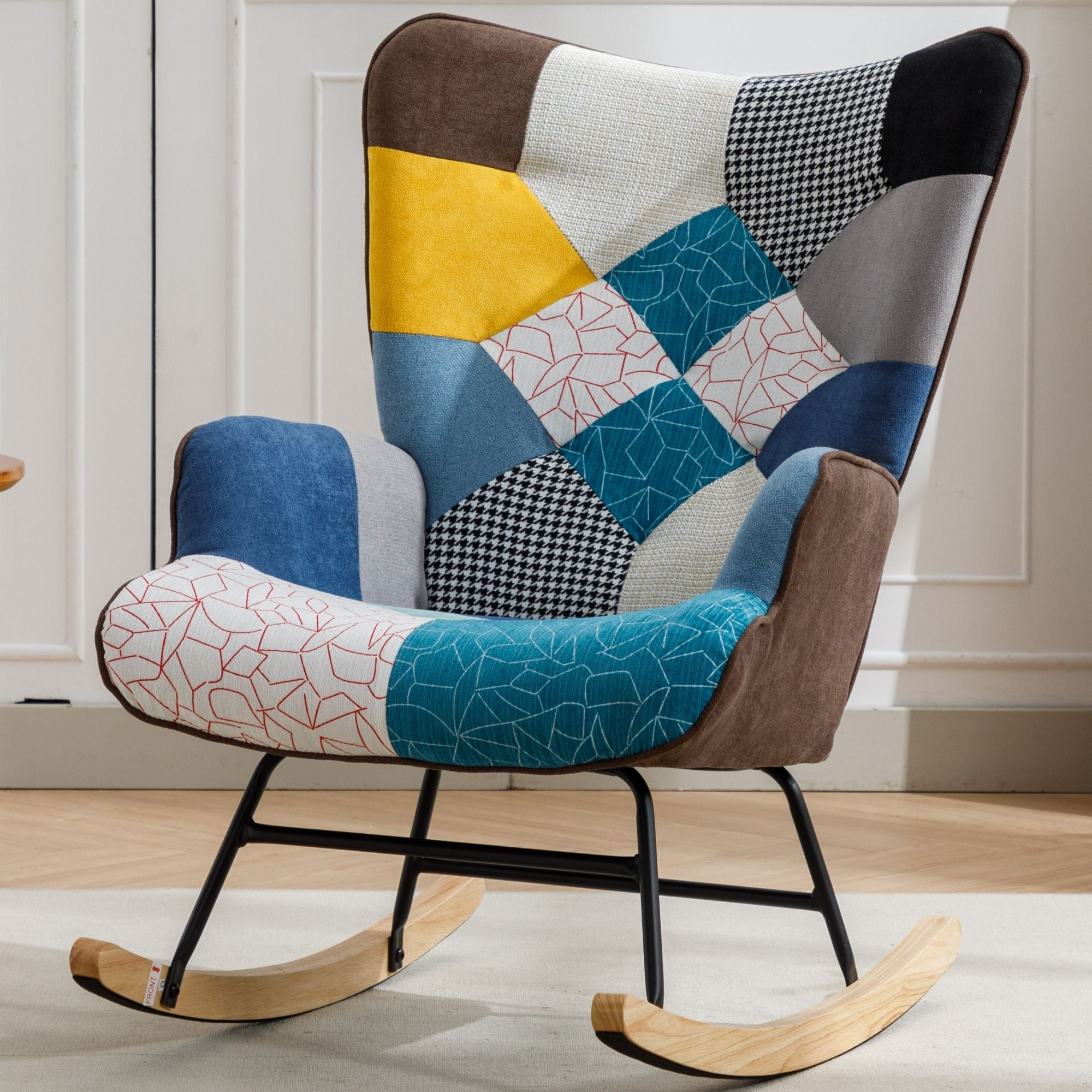 Modern Patchwork Rocking Chair with Solid Wood Armrests and Legs