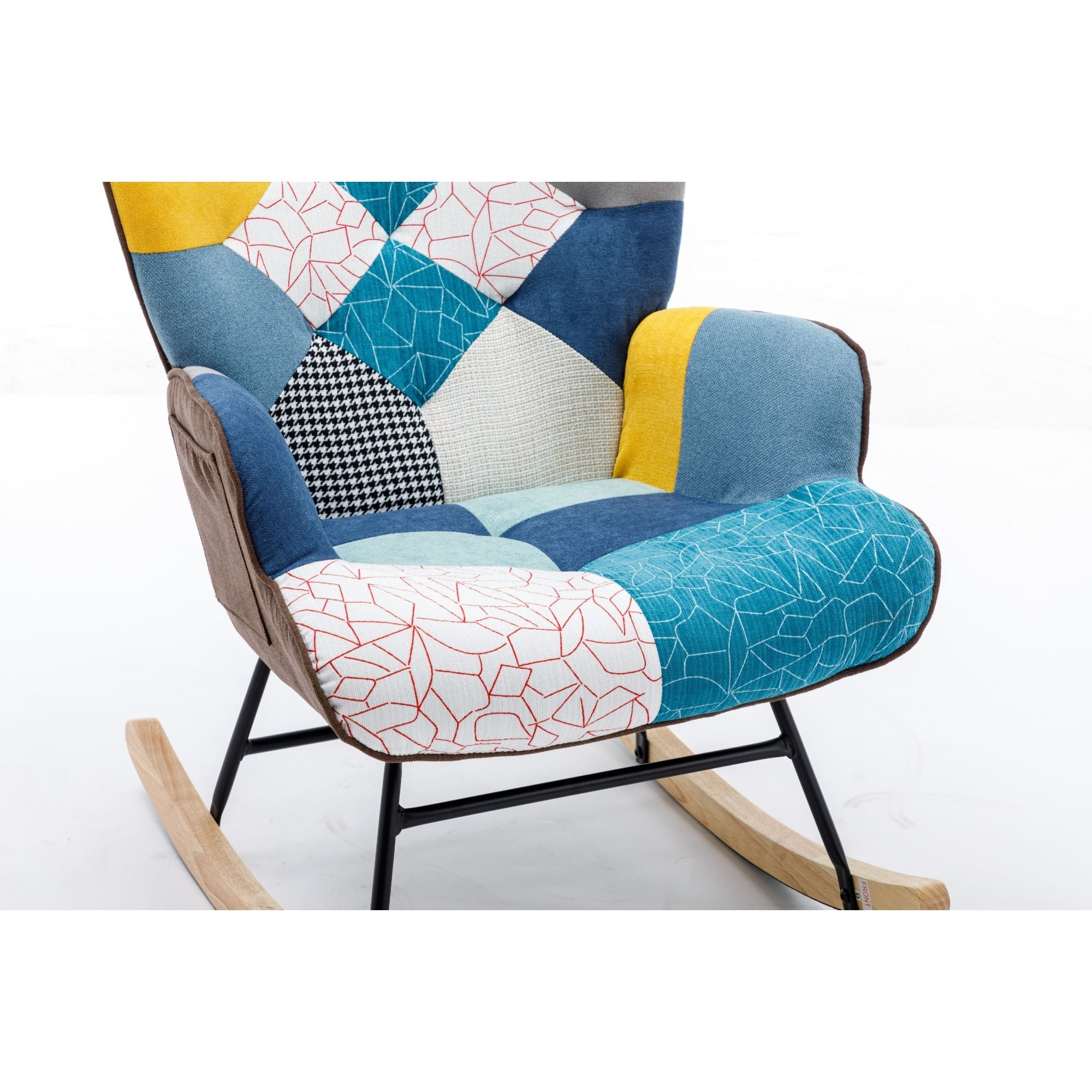 Modern Patchwork Rocking Chair with Solid Wood Armrests and Legs