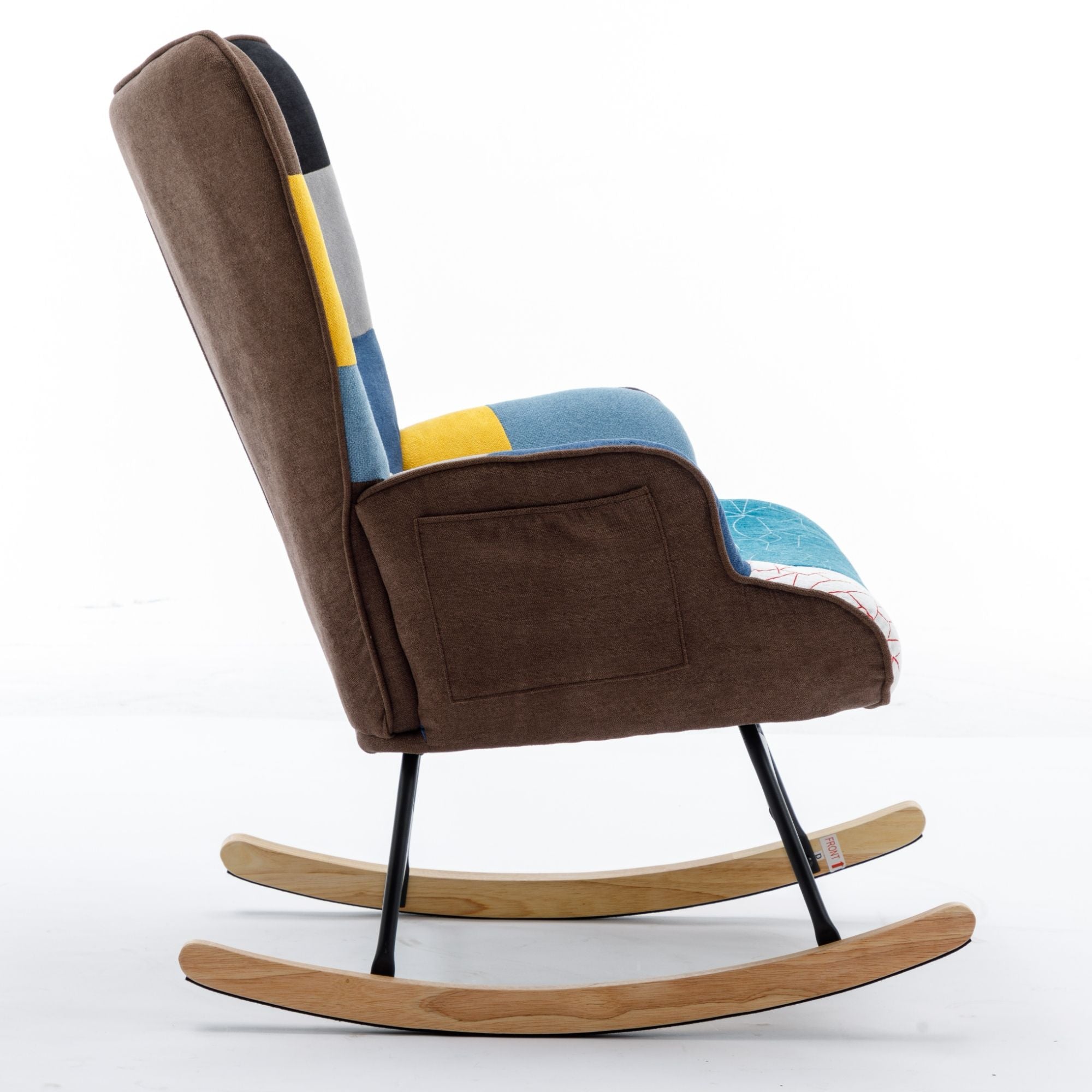 Modern Patchwork Rocking Chair with Solid Wood Armrests and Legs