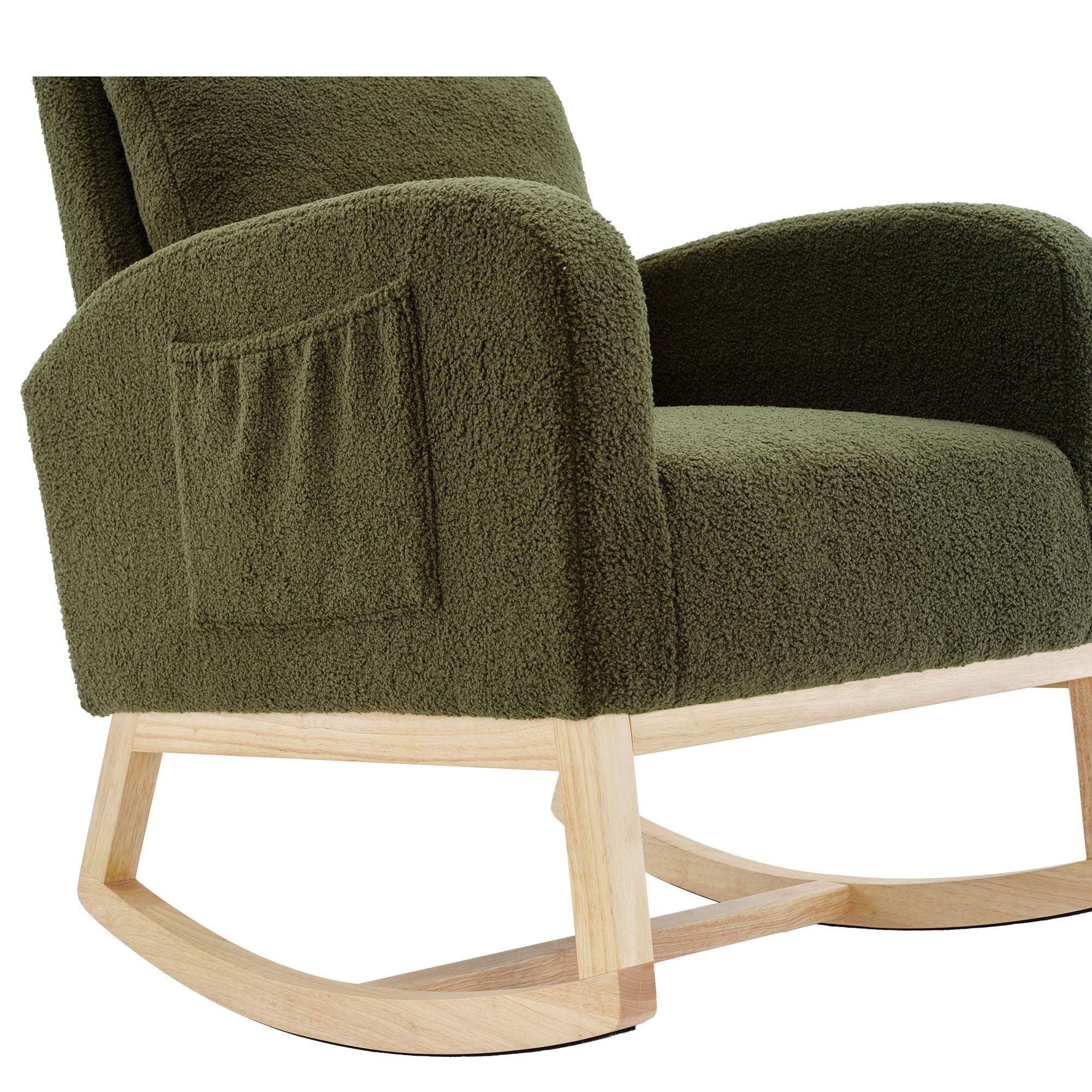 Modern Upholstered Rocking Chair with Solid Wood Legs, High Backrest, Side Pocket, and Comfy Armrests – Nursery Glider and Living Room Accent Chair