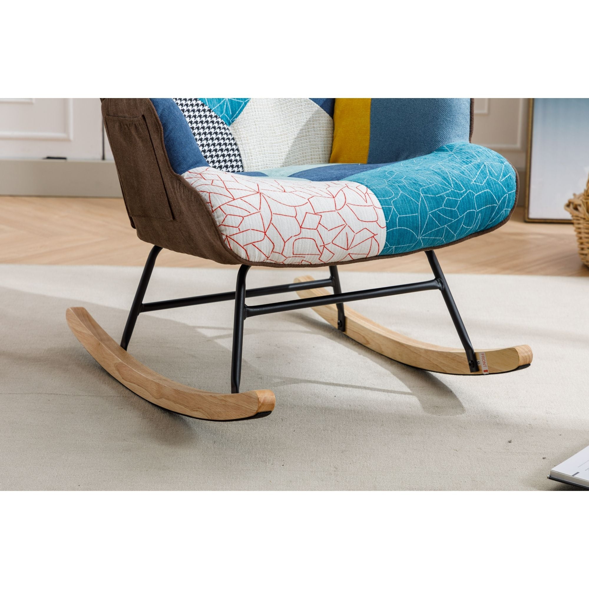 Modern Patchwork Rocking Chair with Solid Wood Armrests and Legs