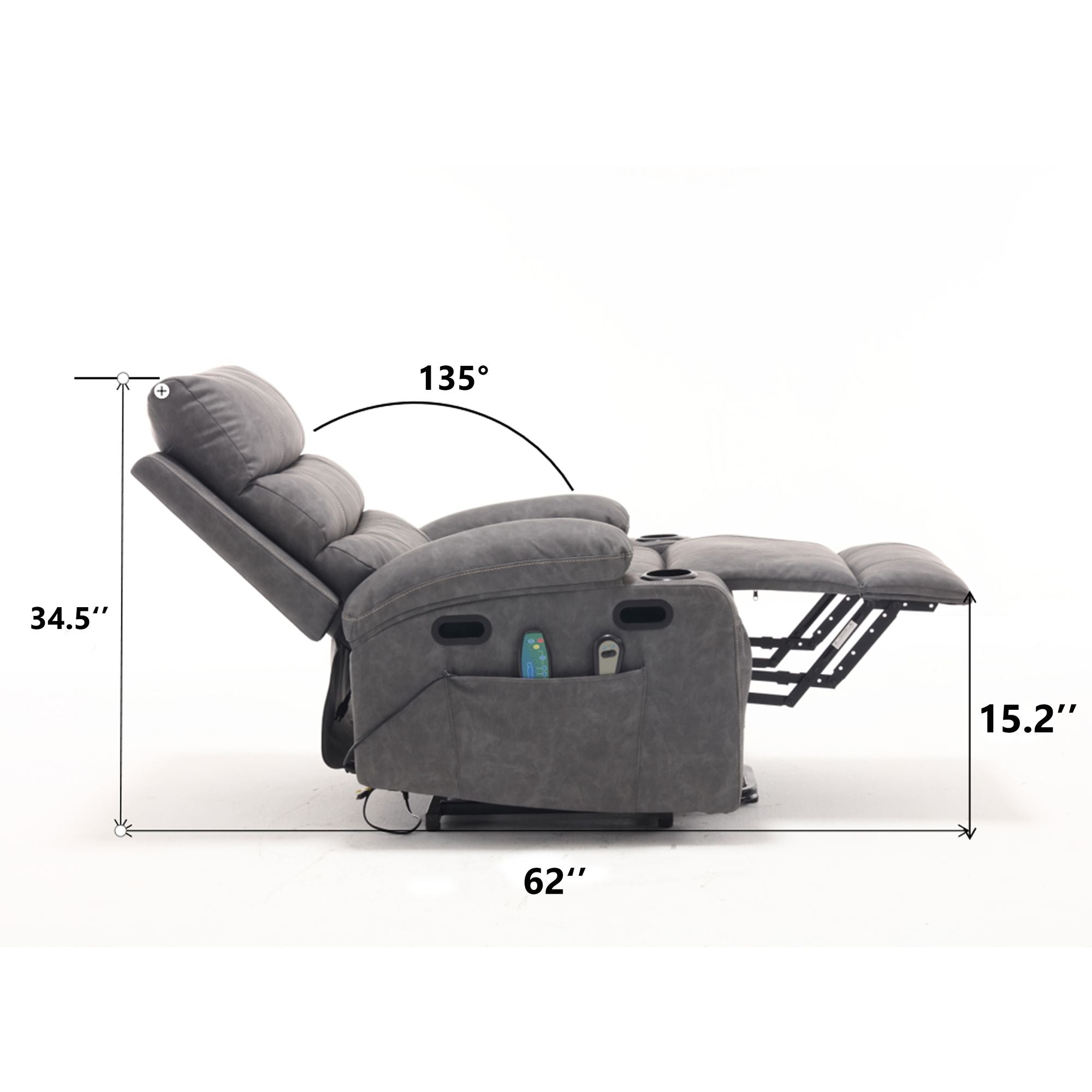 21" Wide Electric Lift Recliner for Elderly, Massage, Heat, Remote, Cup Holders, and Side Pockets