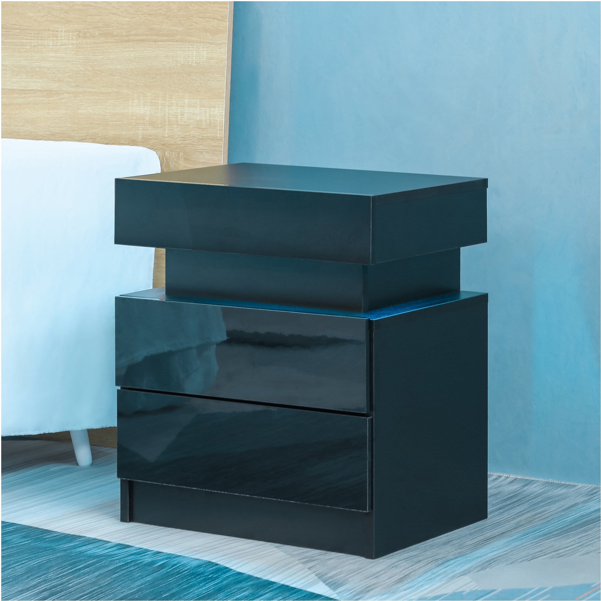 Modern LED Nightstand with 2 High Gloss Drawers and RGB Lights – White