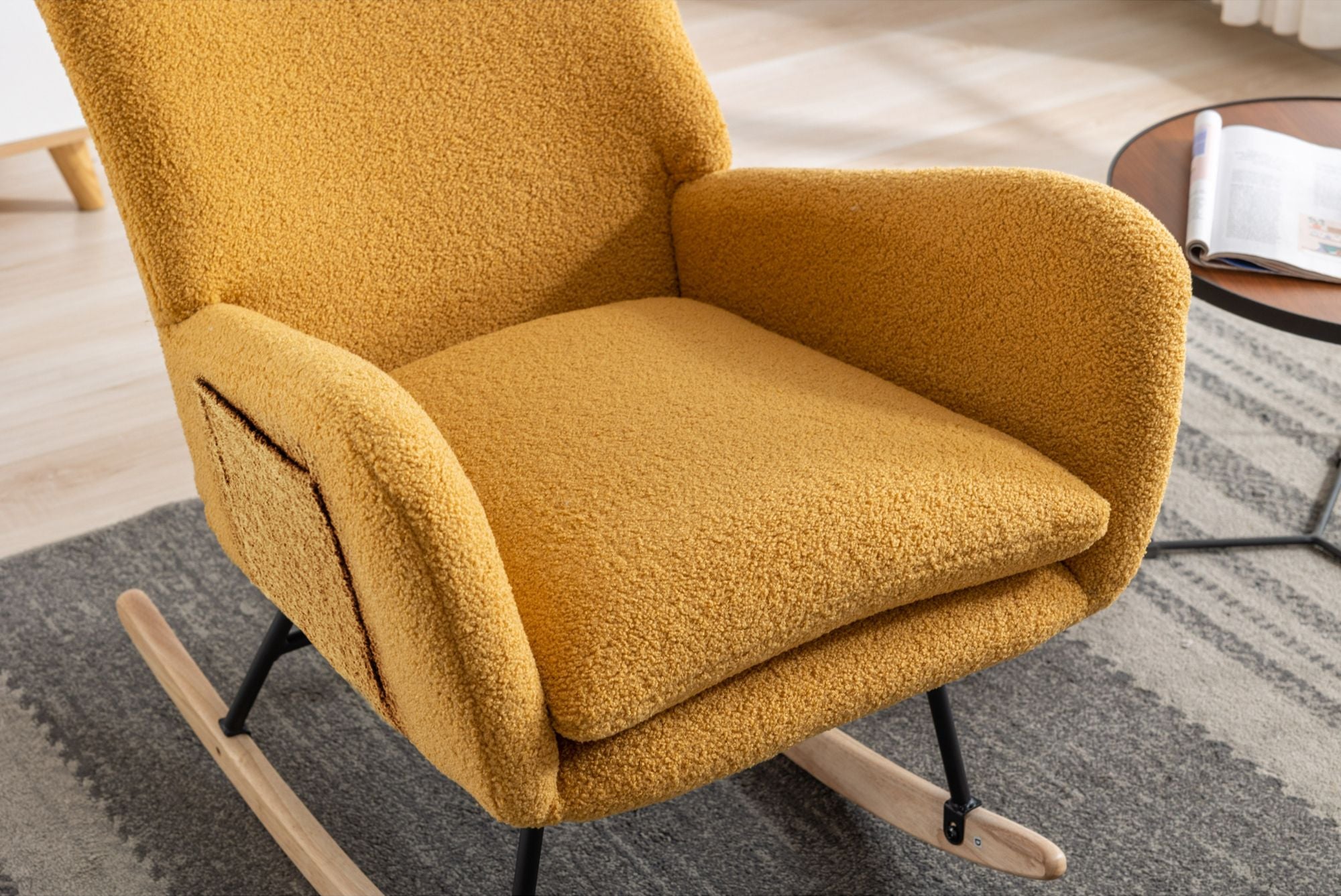 35.5-Inch Teddy Fabric Rocking Chair with Pocket – Safe Solid Wood Base