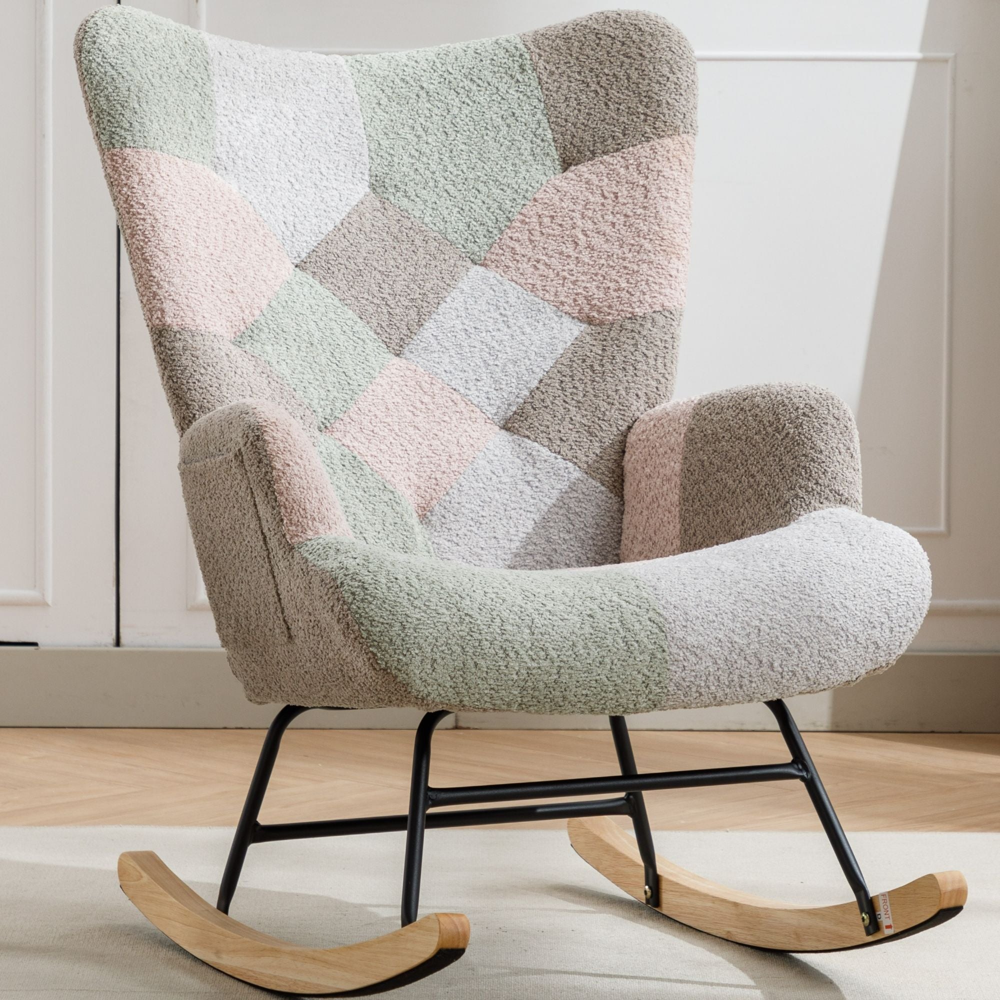 Modern Patchwork Rocking Chair with Solid Wood Armrests and Legs