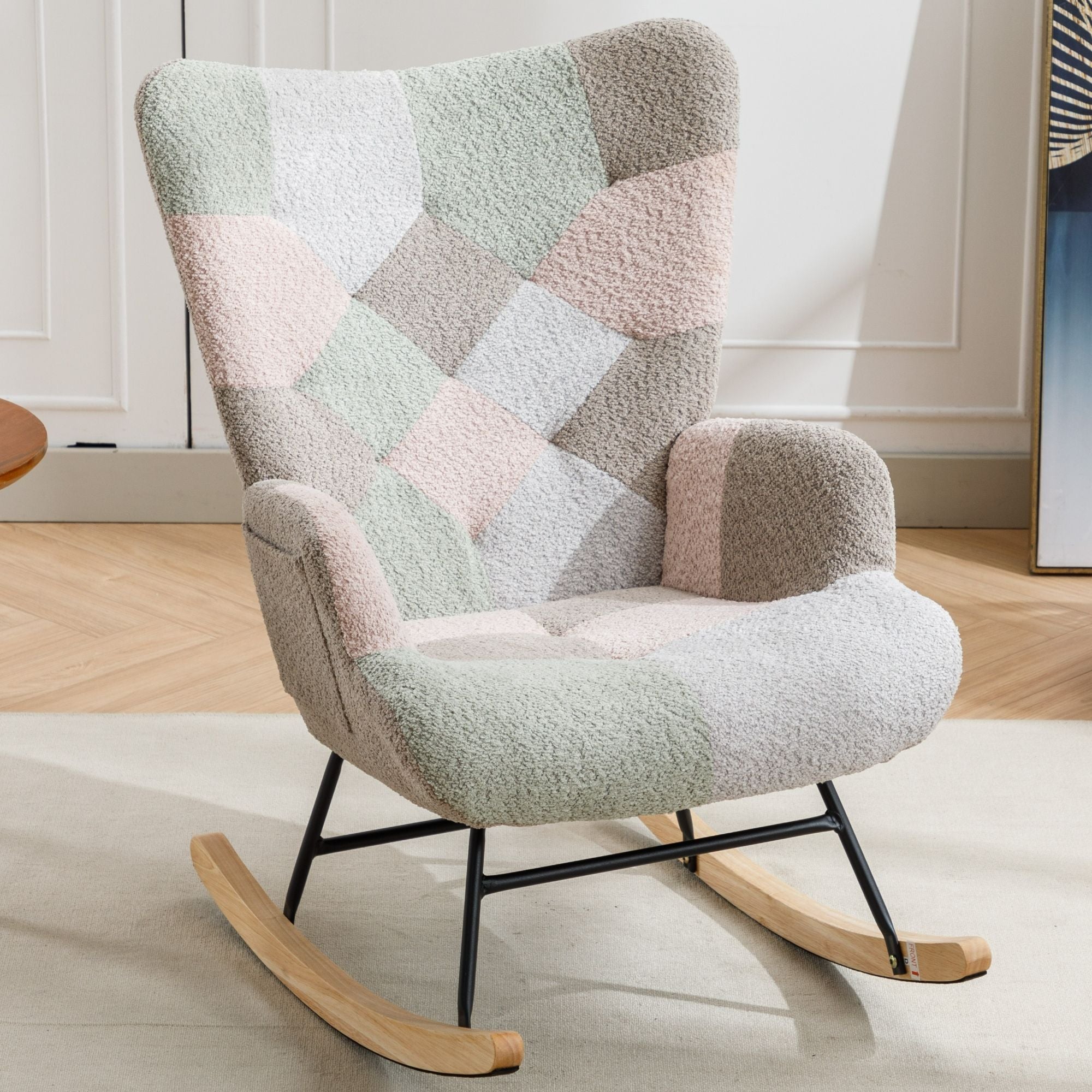Modern Patchwork Rocking Chair with Solid Wood Armrests and Legs