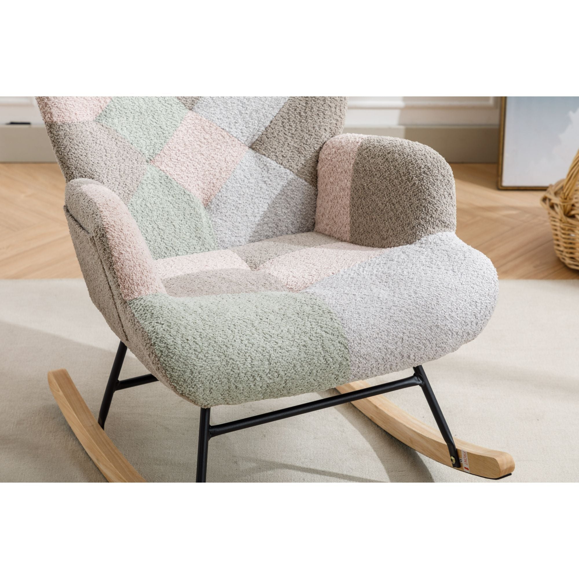 Modern Patchwork Rocking Chair with Solid Wood Armrests and Legs