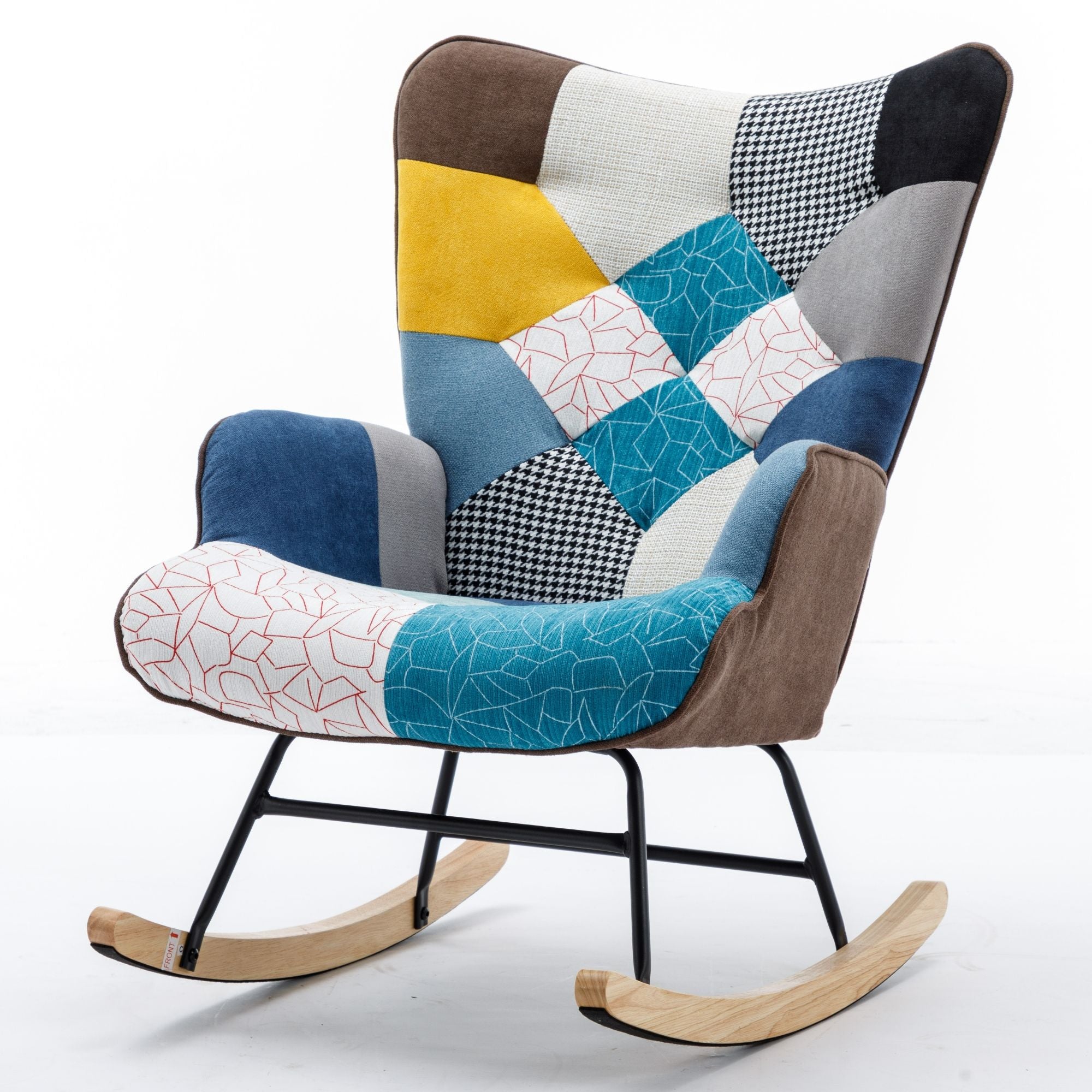 Modern Patchwork Rocking Chair with Solid Wood Armrests and Legs