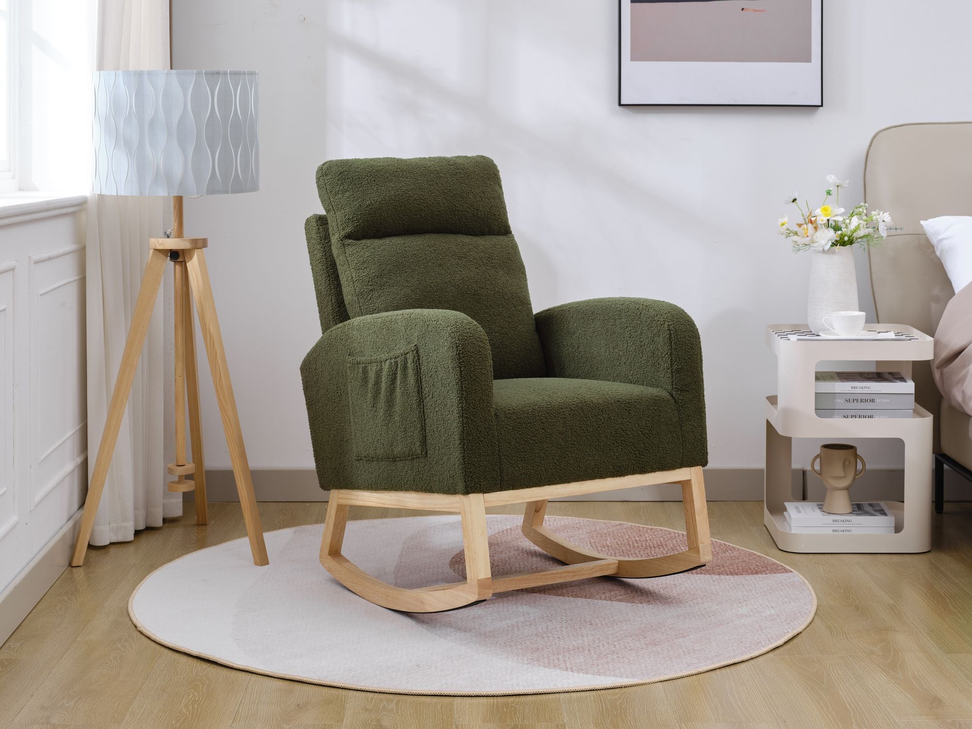 Modern Upholstered Rocking Chair with Solid Wood Legs, High Backrest, Side Pocket, and Comfy Armrests – Nursery Glider and Living Room Accent Chair