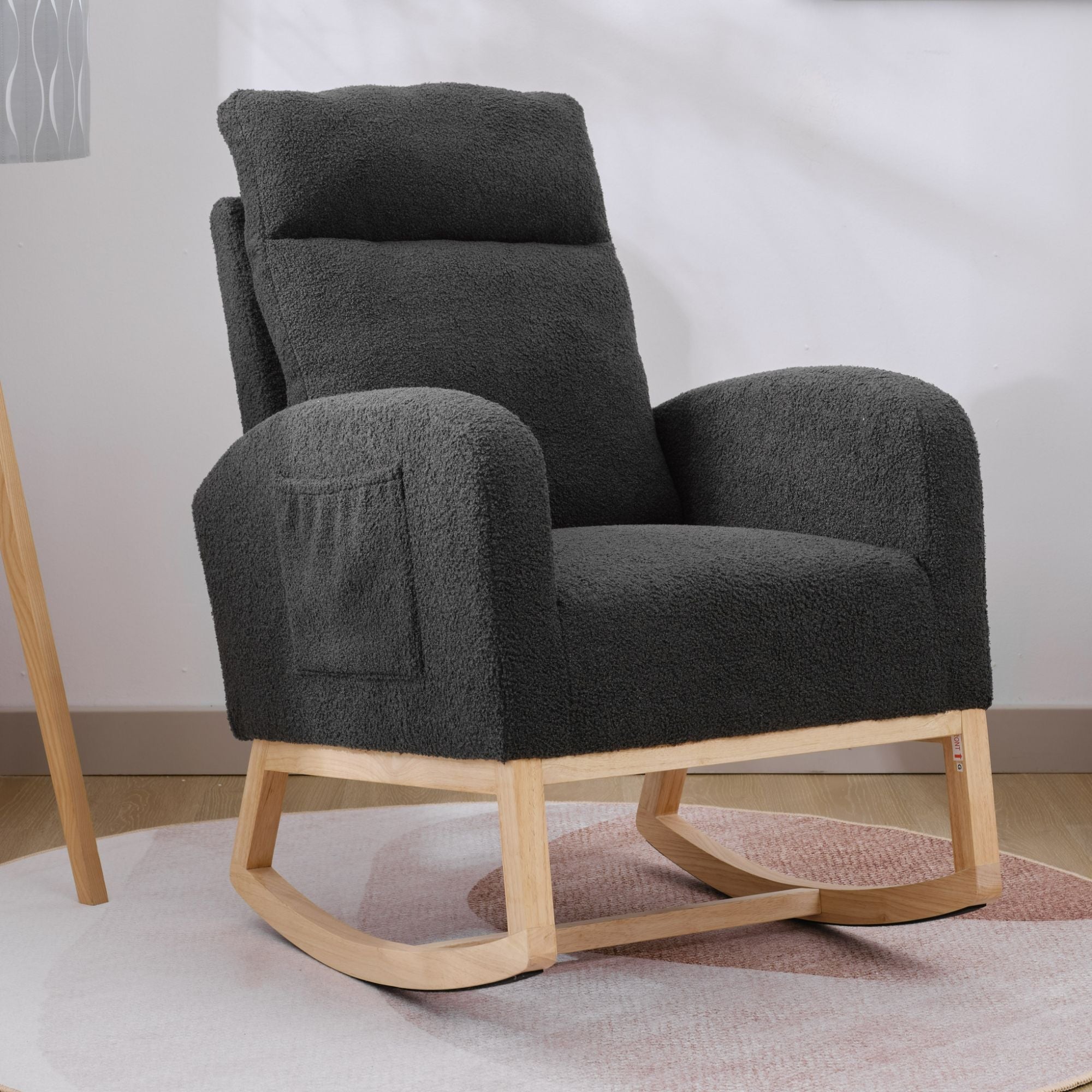 Modern Upholstered Rocking Chair with Solid Wood Legs, High Backrest, Side Pocket, and Comfy Armrests – Nursery Glider and Living Room Accent Chair