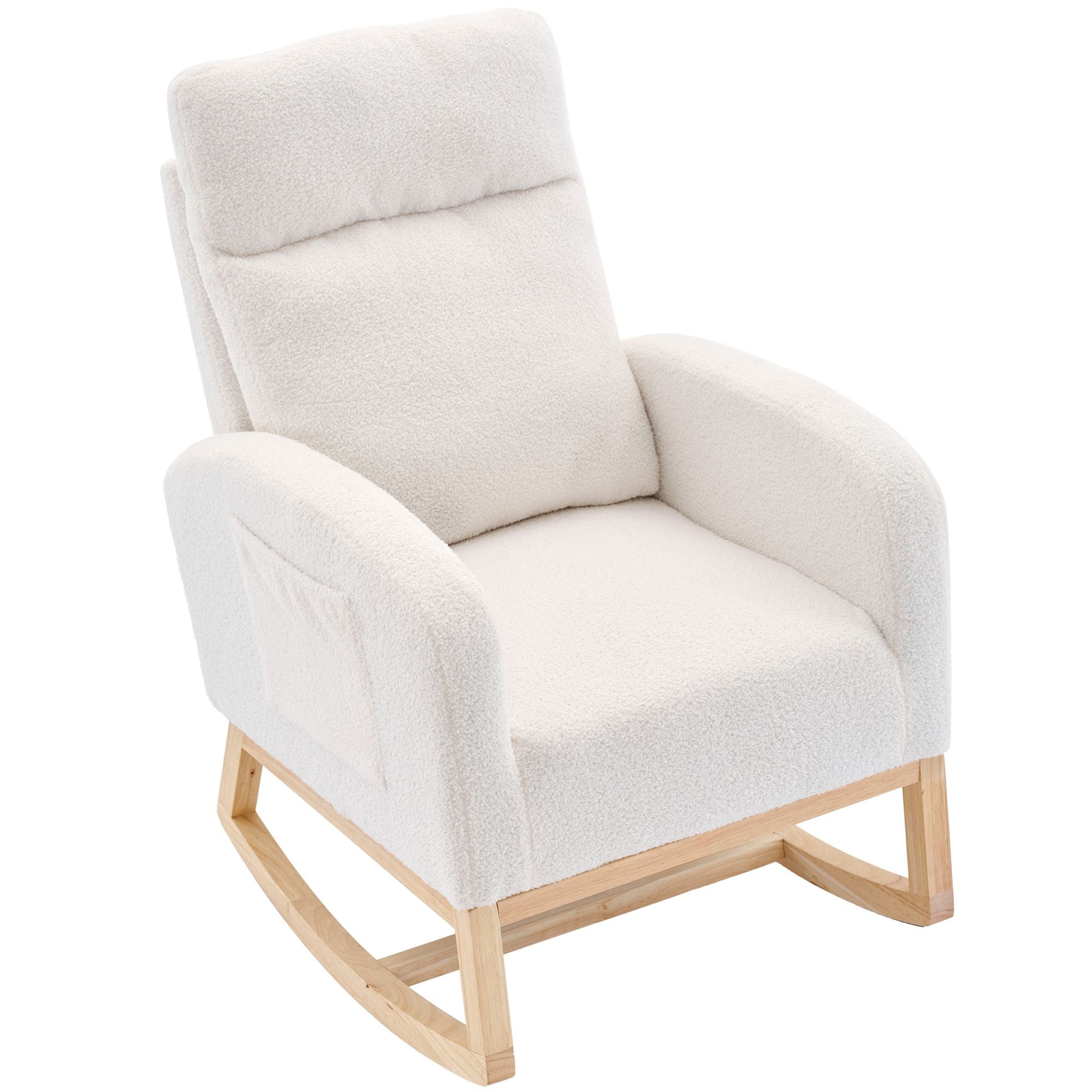 Modern Upholstered Rocking Chair with Solid Wood Legs, High Backrest, Side Pocket, and Comfy Armrests – Nursery Glider and Living Room Accent Chair