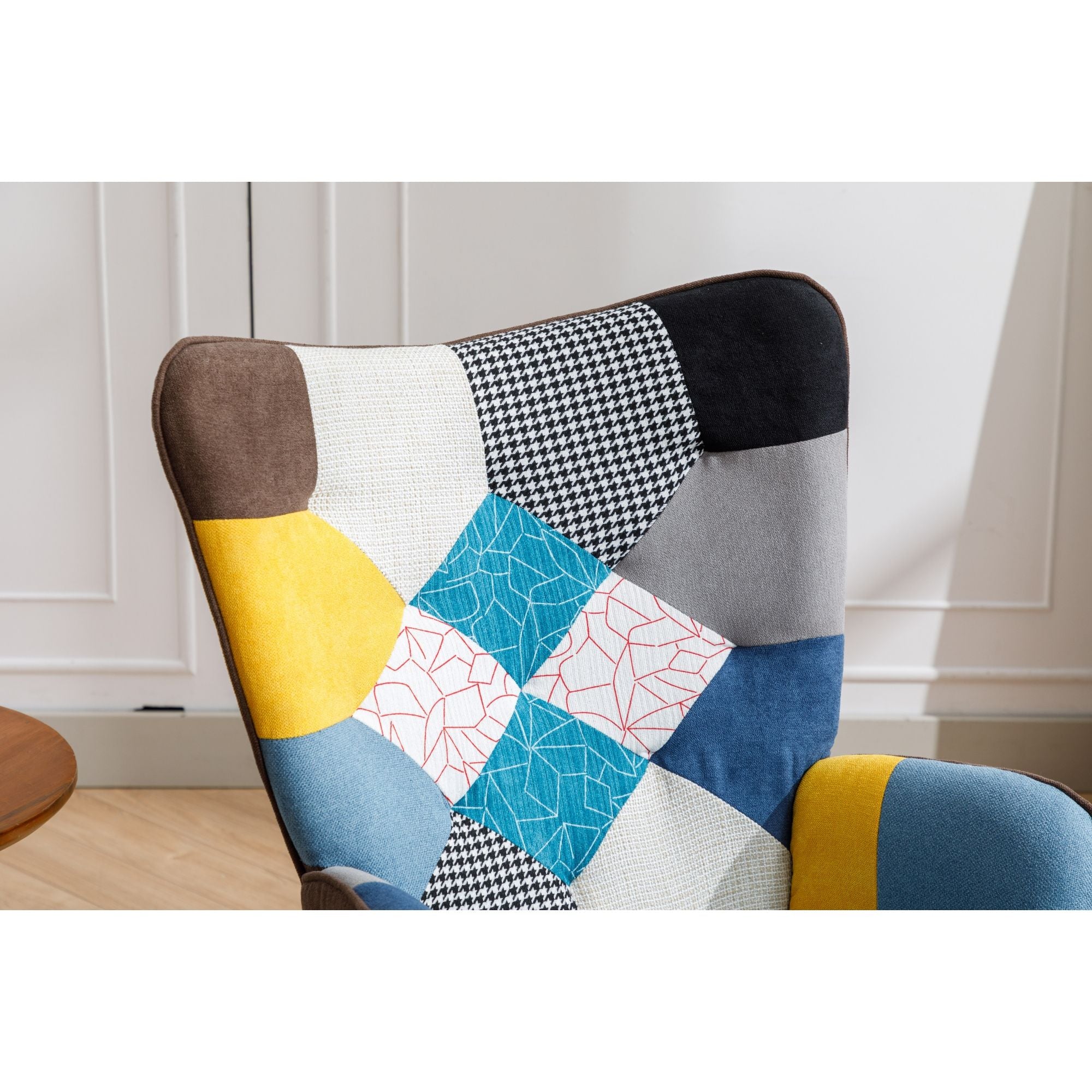 Modern Patchwork Rocking Chair with Solid Wood Armrests and Legs