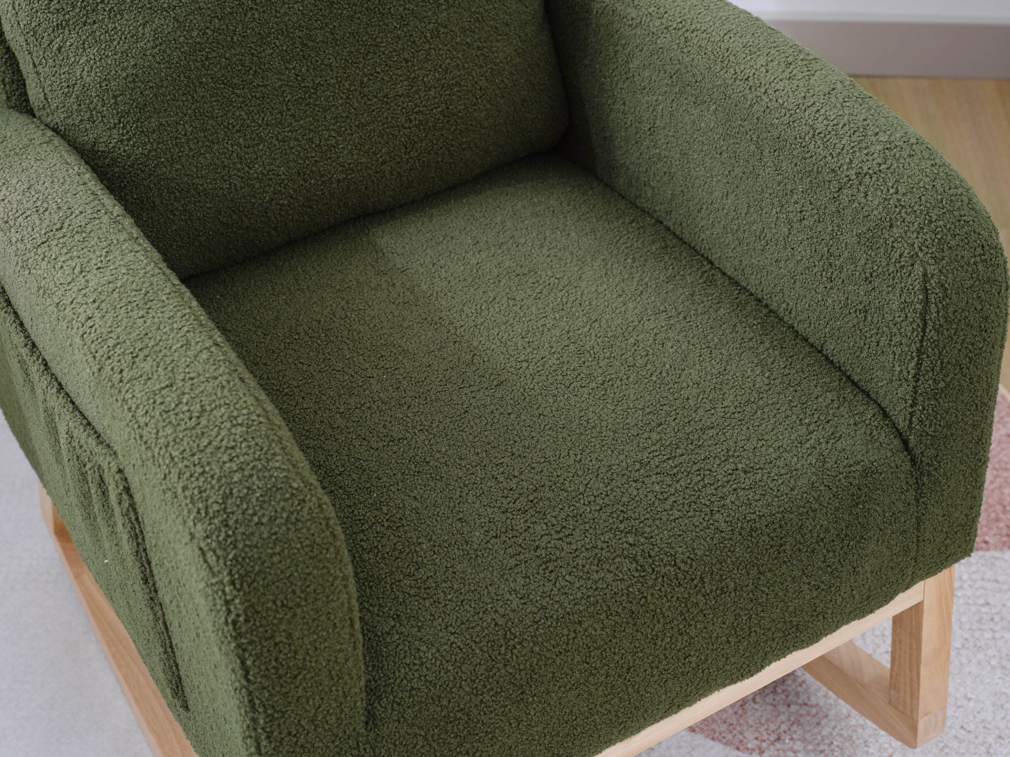 Modern Upholstered Rocking Chair with Solid Wood Legs, High Backrest, Side Pocket, and Comfy Armrests – Nursery Glider and Living Room Accent Chair