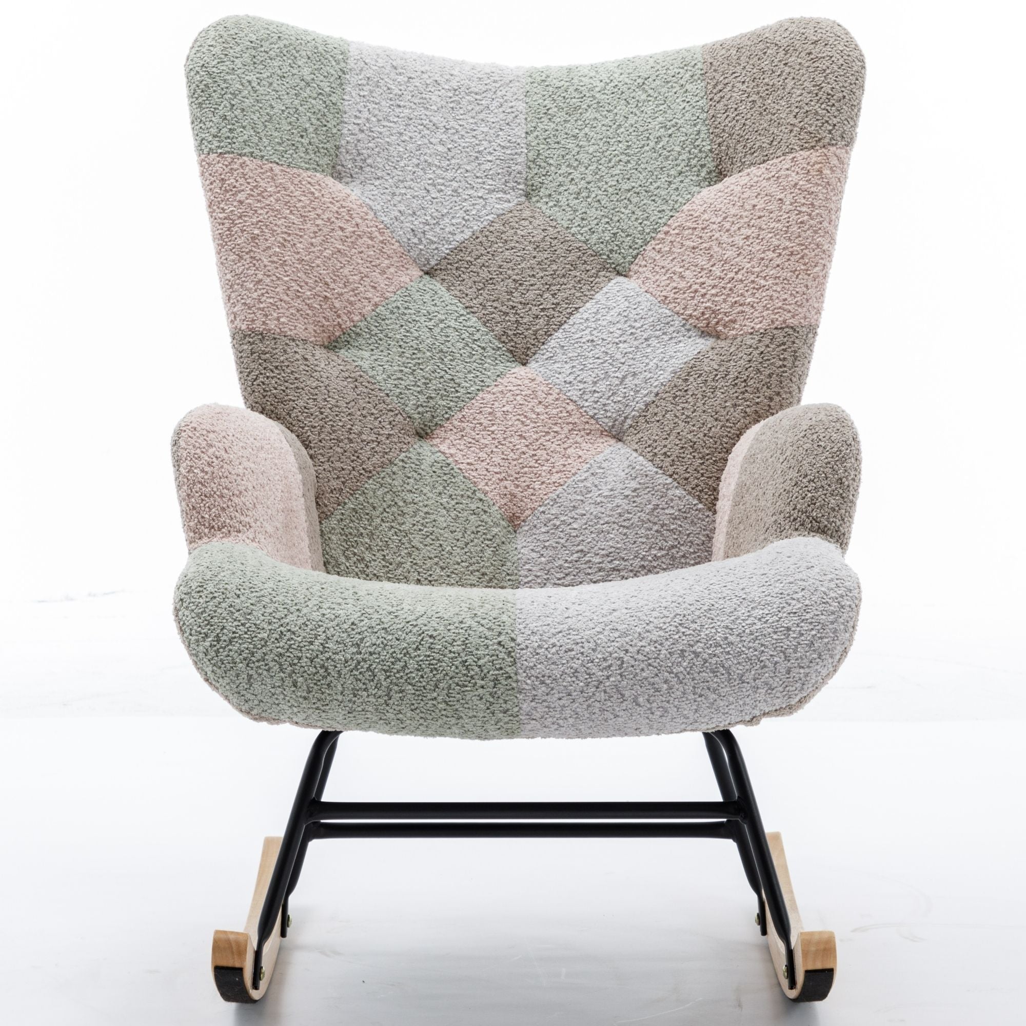 Modern Patchwork Rocking Chair with Solid Wood Armrests and Legs