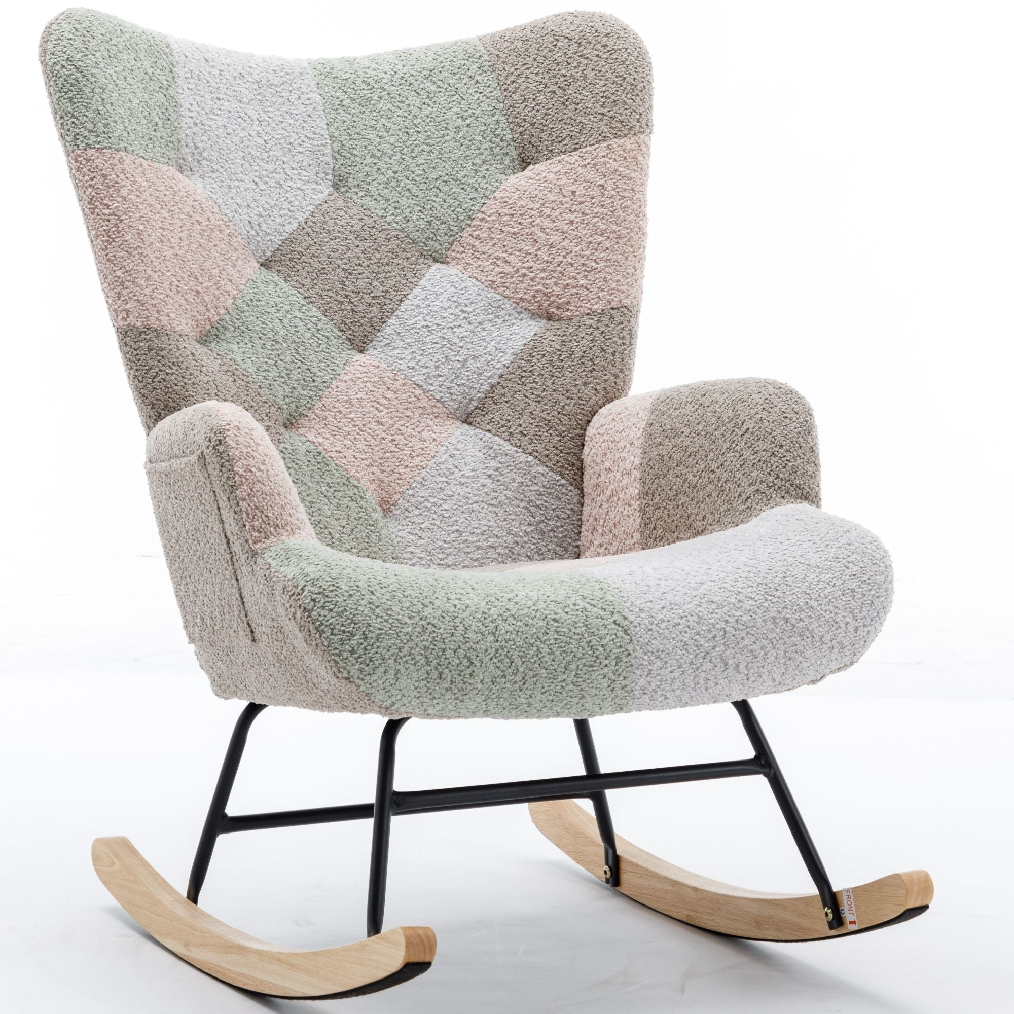 Modern Patchwork Rocking Chair with Solid Wood Armrests and Legs